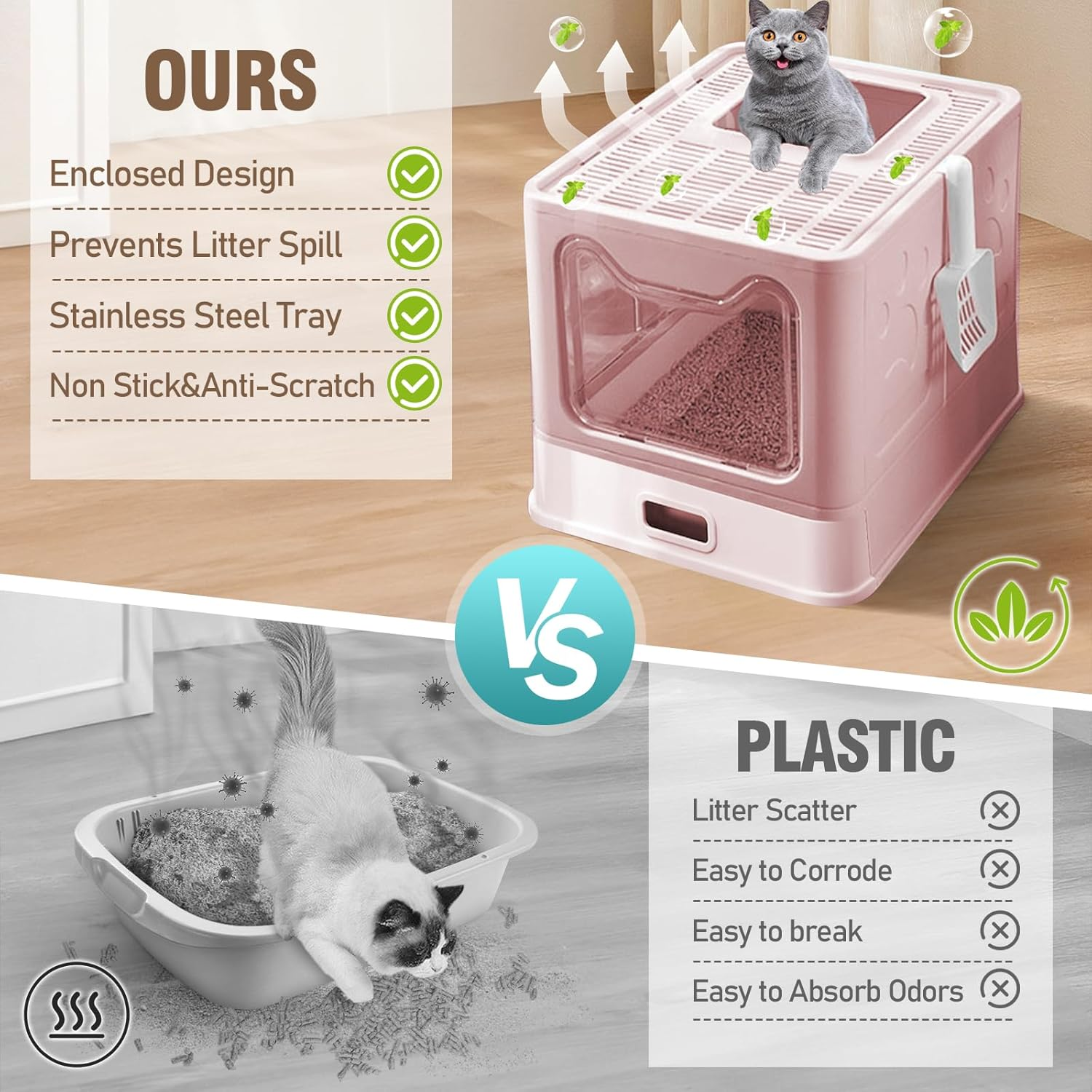 Stainless Steel Enclosed Cat Litter Box with Lid, Foldable Metal Enclosed XL Top Entry Kitty Litter Pan Tray with Scoop,Easy to Clean(Pink) image number 3