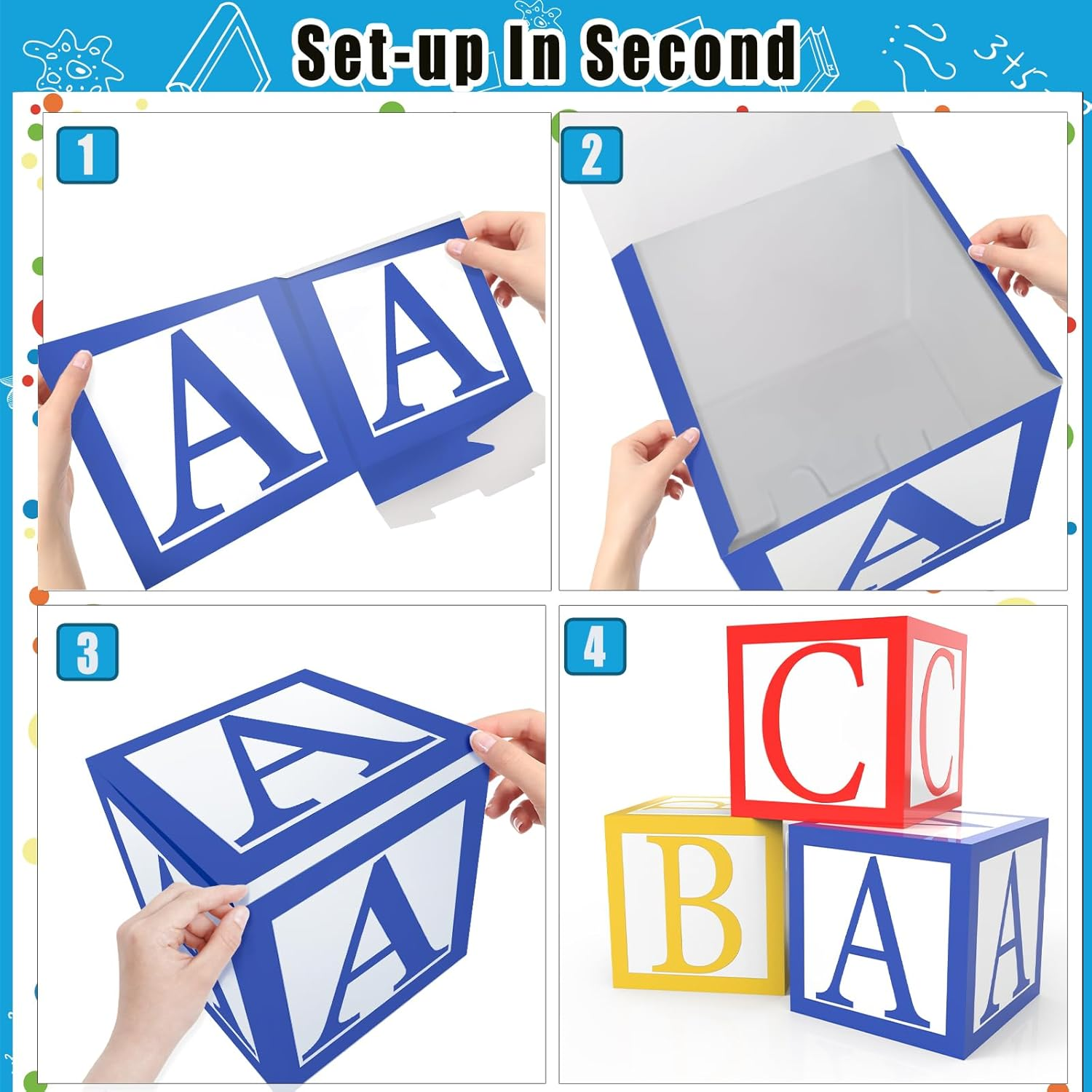 6 Pieces ABC and 123 Friends Street Party Decorations 12 X 12 Inch ABC Alphabet Block Boxes Party Favor Balloon 123 Balloon Box Inspire Story Birthday Party Decor for School Celebration Baby Shower image number 4
