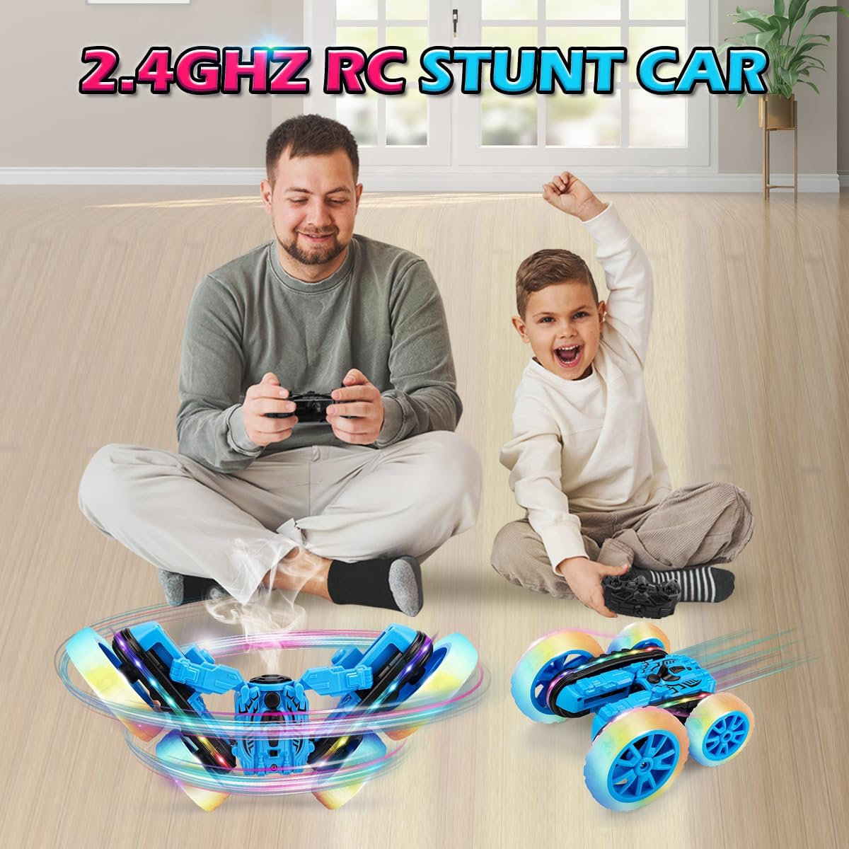 Kaekid Remote Control Car, RC Stunt Toys with LED Lights & Cool Spray, Double-Sided 360&deg; Rotating 4WD High Speed Off-Road Car, Indoor/Outdoor Toy RC Drift for 6 7 8 9 10 11 12 Year Old Boy (Blue) image number 4