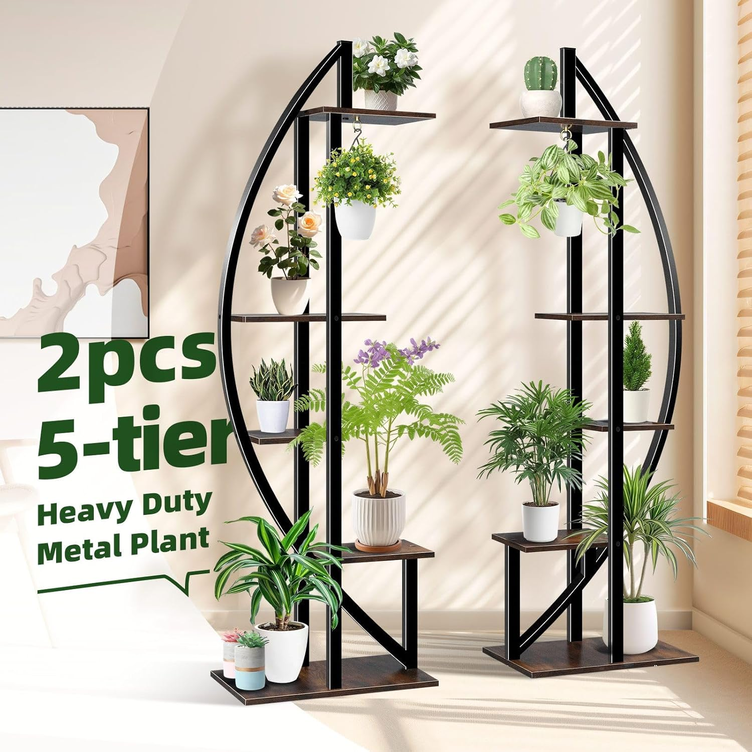 2Pcs 5 Tiered Plant Stand Shelf Metal Half Moon Style Flower Pot Holder Indoor Outdoor Corner Shelves Garden Herb Large Storage Rack Black Brown image number 3