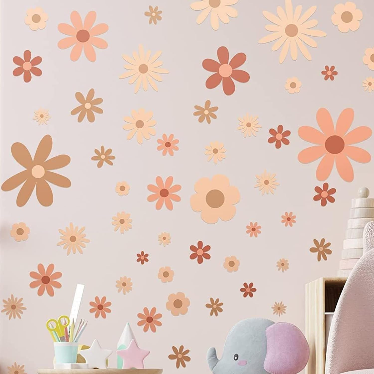 Daisy Wall Decals Vinyl Wall Decals Daisy Stickers Boho Floral Wall Stickers for Kids Nursery Wall Art Bedroom Classroom (Color02-9Sheets/90Pcs) image number 1