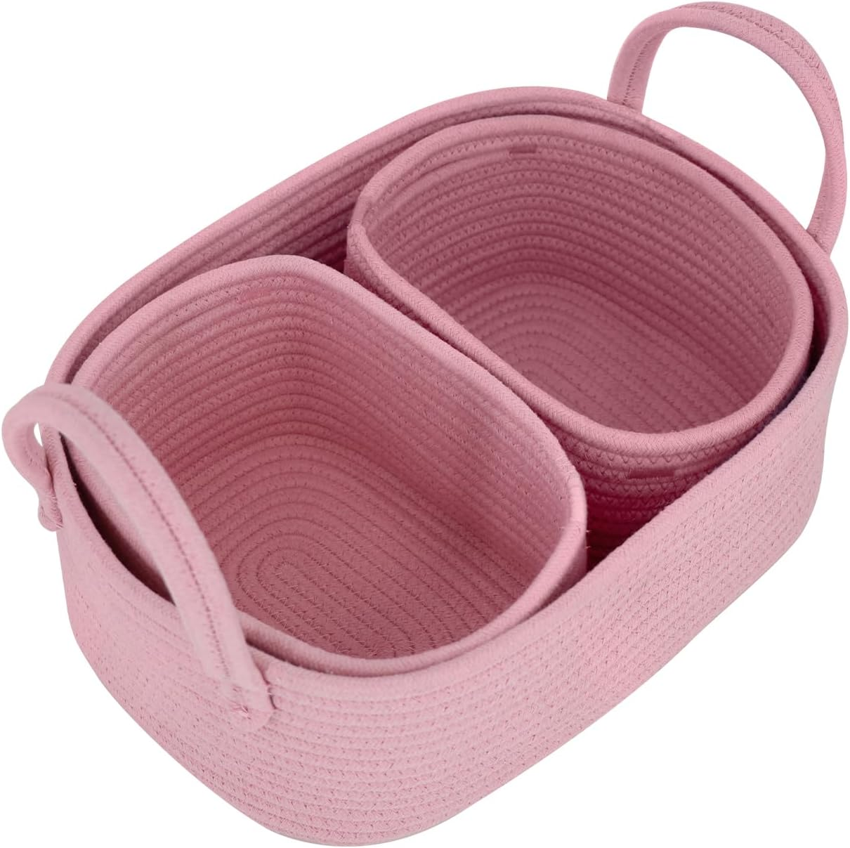 Set of 3 Nursery Storage Baskets, Baby Nursery Baskets, Small Woven Baskets for Storage, Cotton Rope Baskets for Toys, Basket with Handles, round Towel Basket Bins - Baby Pink image number 2