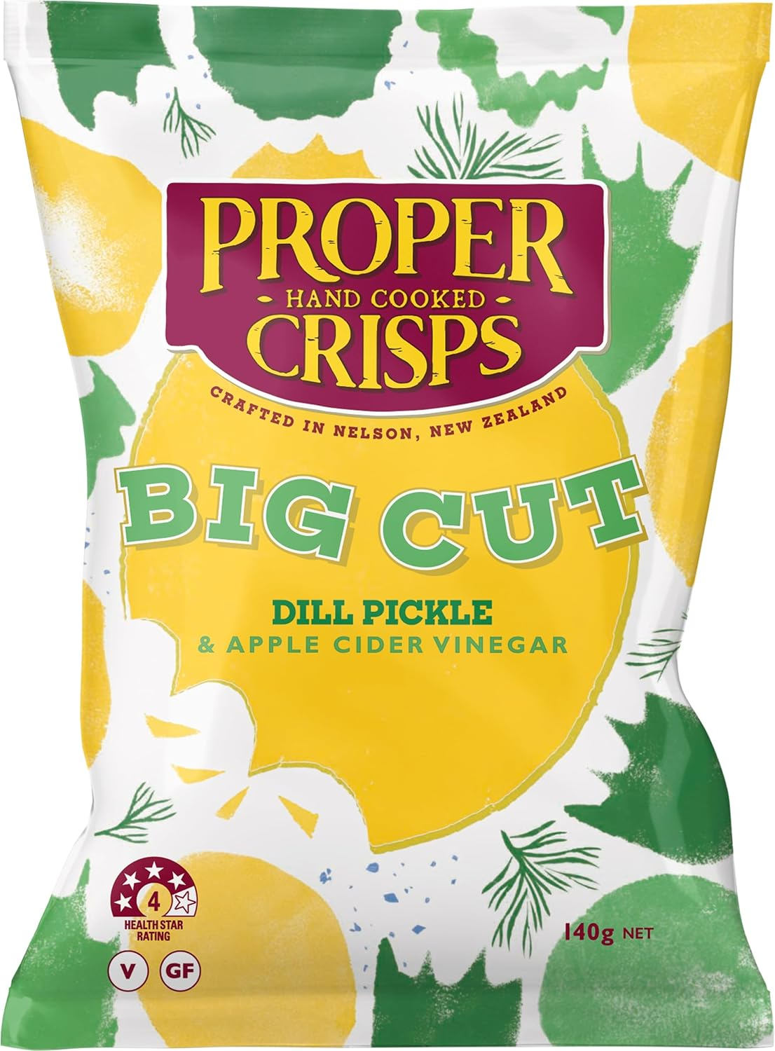 Proper Crisps Big Cut Hand Cooked Dill Pickle & Apple Cider Vinegar Flavoured Crisps 140 G