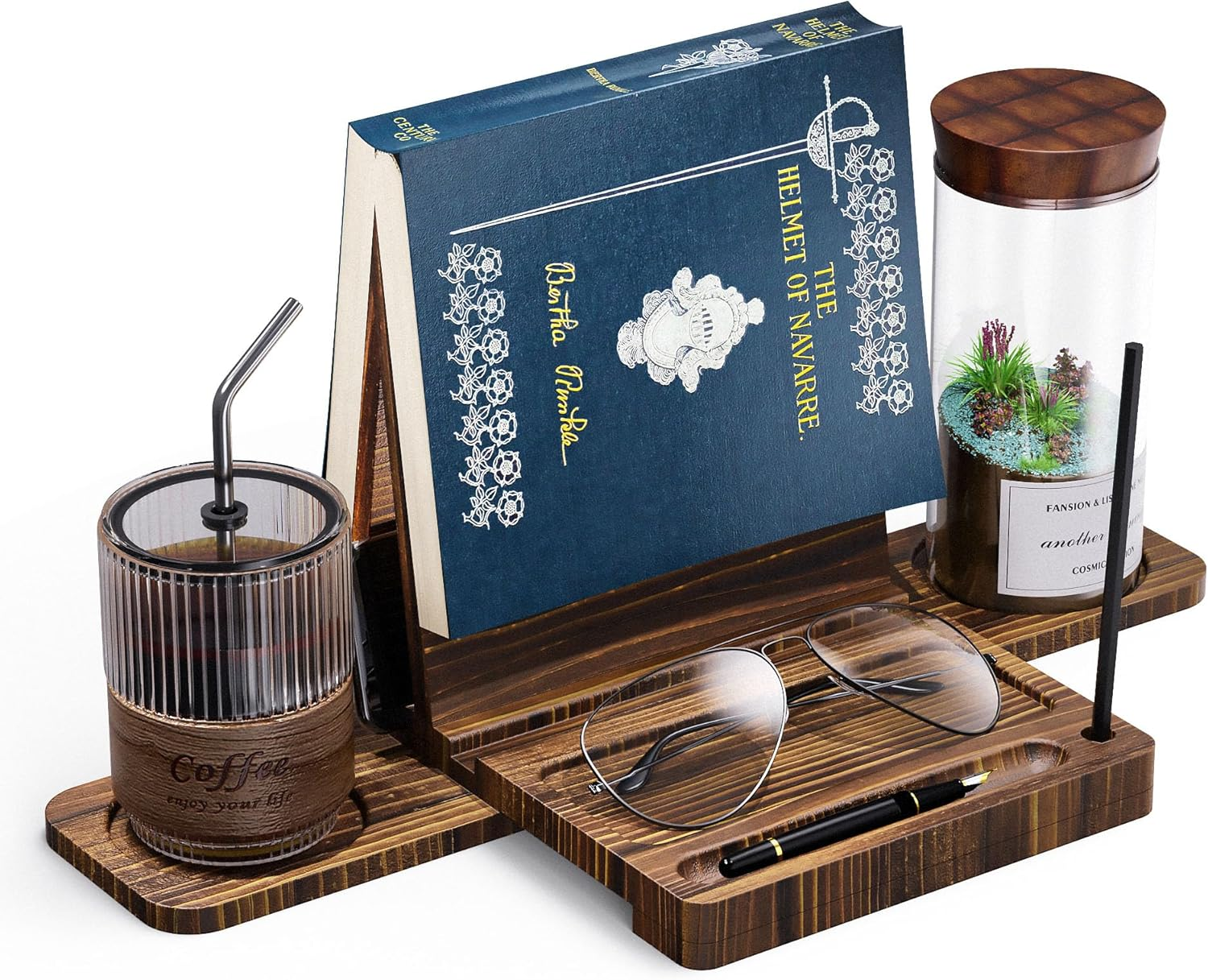 Triangle Book Holder Stand, Wooden Book Nook Reading Valet, Book Rest with Cup, Glasses & Pen Holder, YITOBA Book Display Stand for Reading in Bed, Coffee and Book Lovers (Yellow)