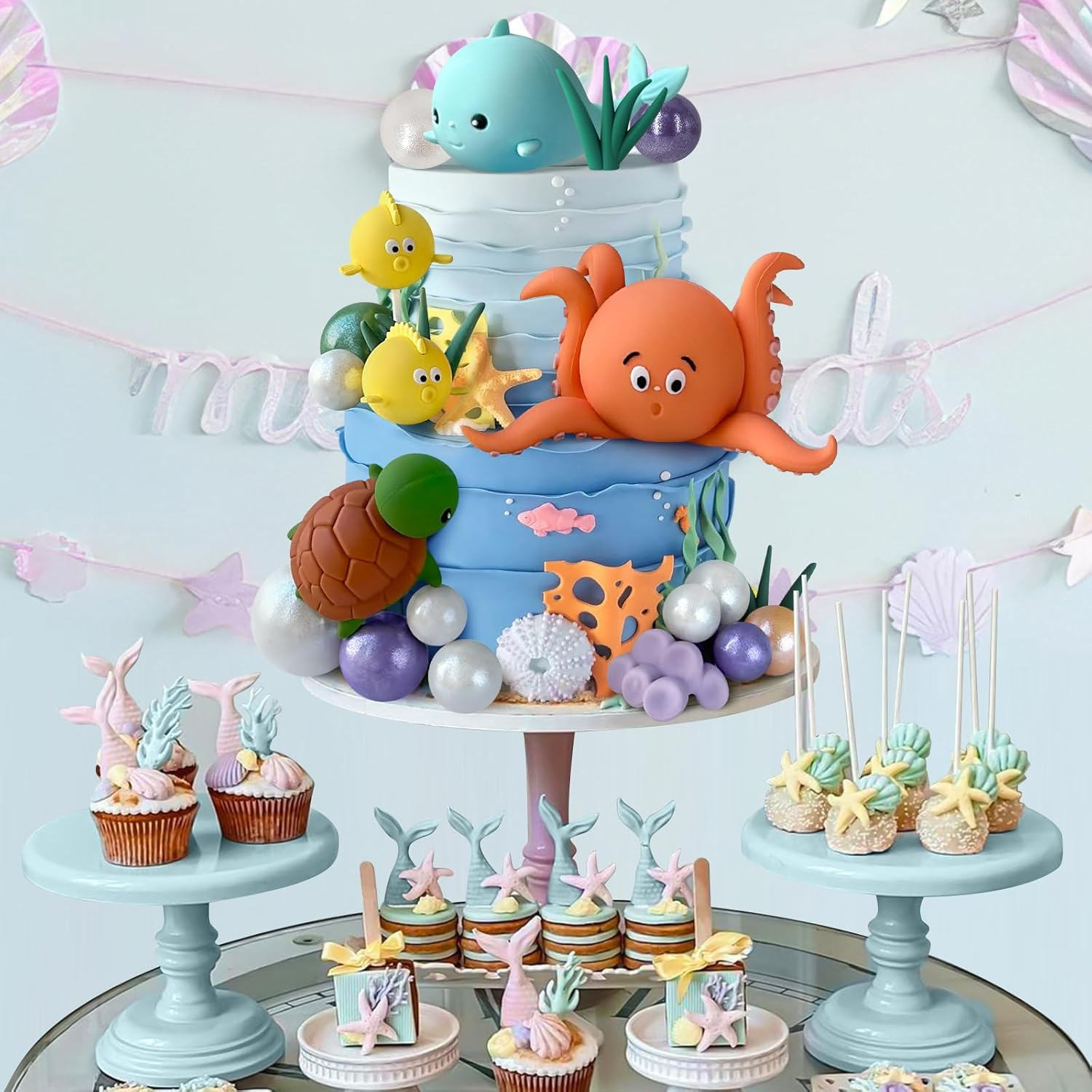 22 PCS under the Sea Cake Decorations Ocean Animals Cake Topper with Cake Balls Decorations for under the Sea Theme Boys Girls Baby Shower Birthday Party Supplies image number 1