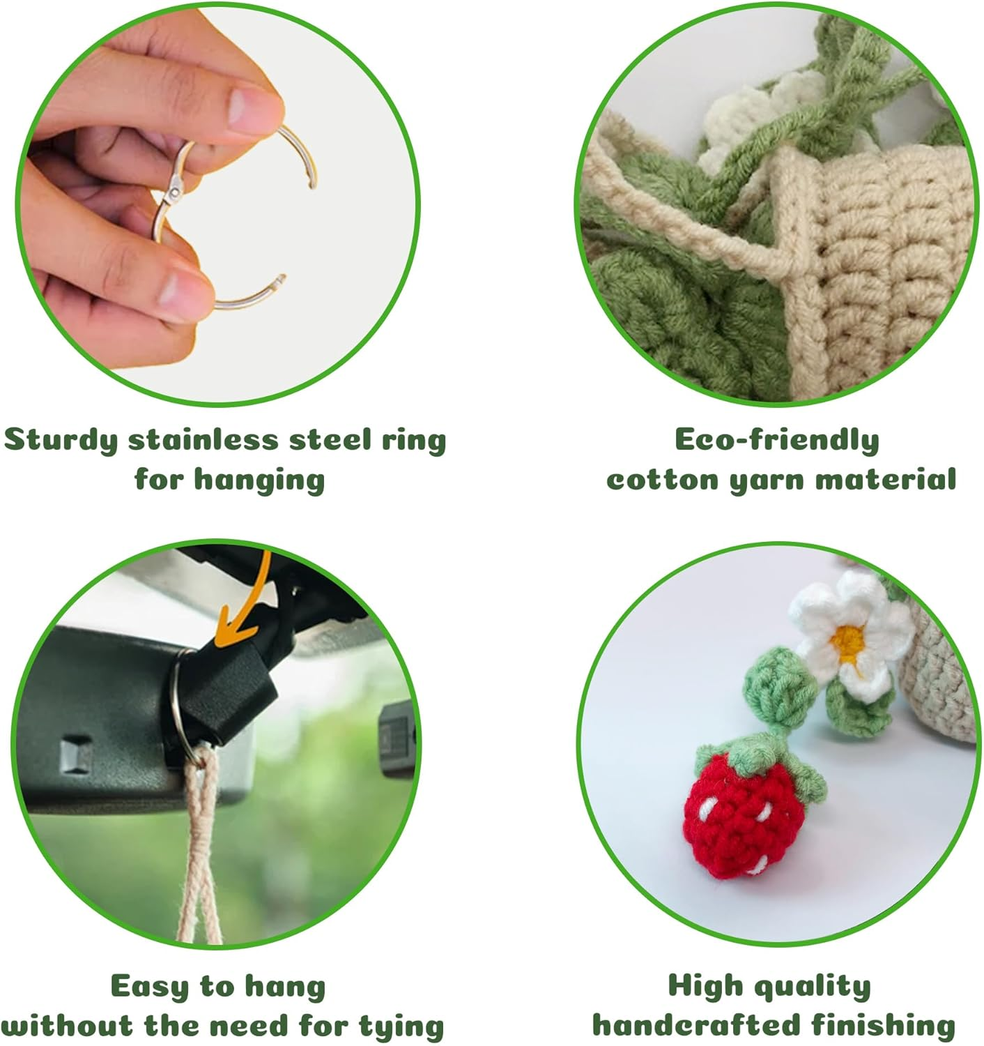 Cute Crochet Daisy Strawberry Hanging Plant for Car Accessories, Aesthetic Decor Rear View Mirror Hanging Ornament for Women and Men, Handmade Cute Car Interior Decor Accessories Gift image number 1