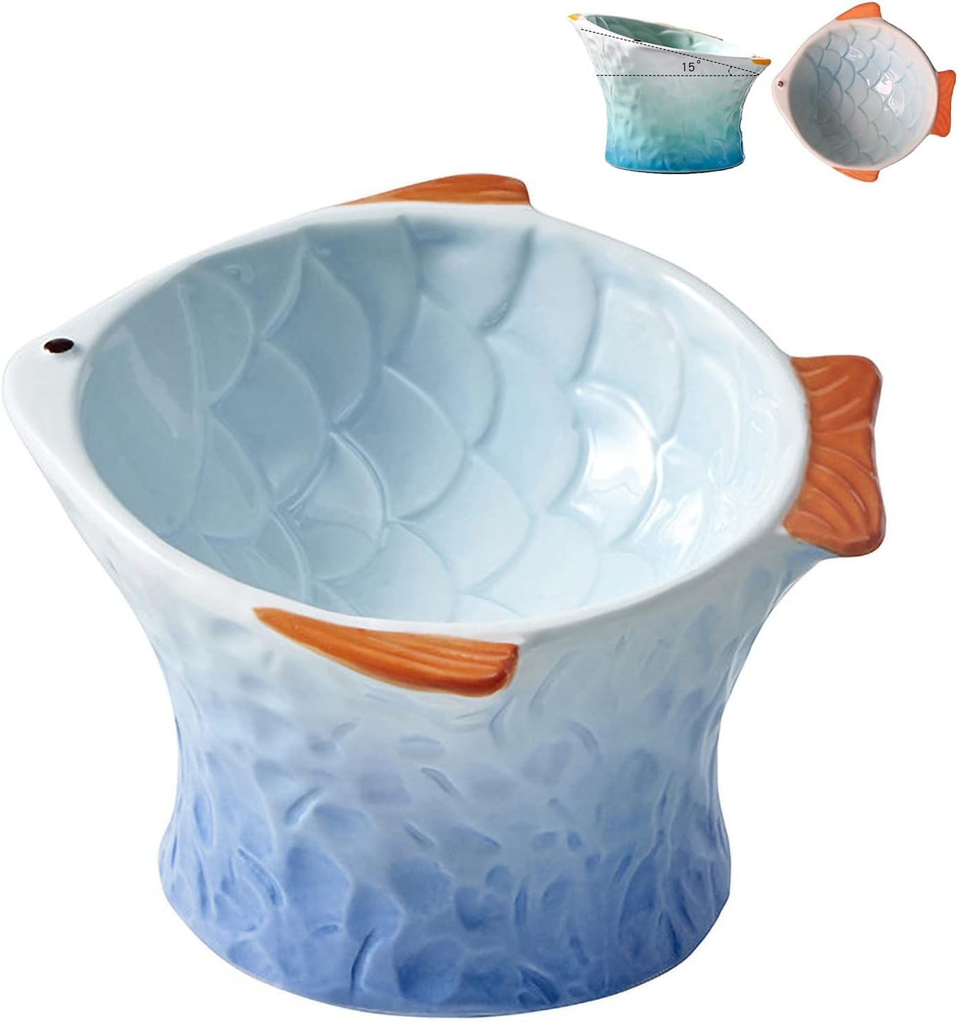 Raised Tilted Ceramic Cat Food Bowl, Cute Fish Shape Elevated Slanted Shallow Angled Cat Dish, Personalized Pet Feeder for Kitty Dry Wet Treats Feeding, Ergonomic anti Vomiting Whisker Friendly