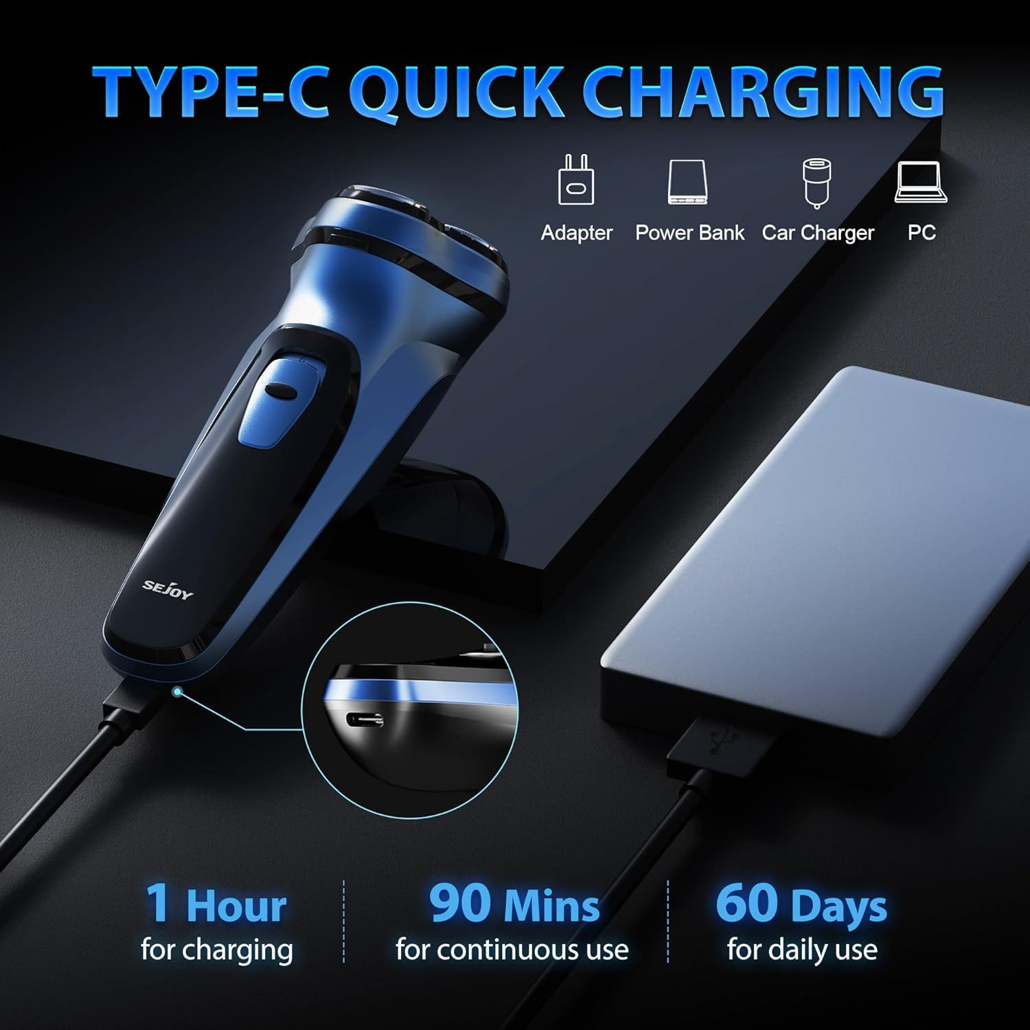 Sejoy Electric Razor for Men,Electric Shavers for Men,Face Shaver, Cordless Washable Rechargeable Shaving Machines,Pop up Trimmer for Travel Home, LED Display,Fast Charging,Azure image number 1