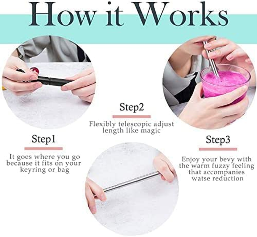 2 Pack Collapsible Telescopic Reusable Straw, Beer Opener Function Foldable Metal Straw Stainless Steel Drinking Straws with Case & Key Chain & Cleaner Brush image number 6