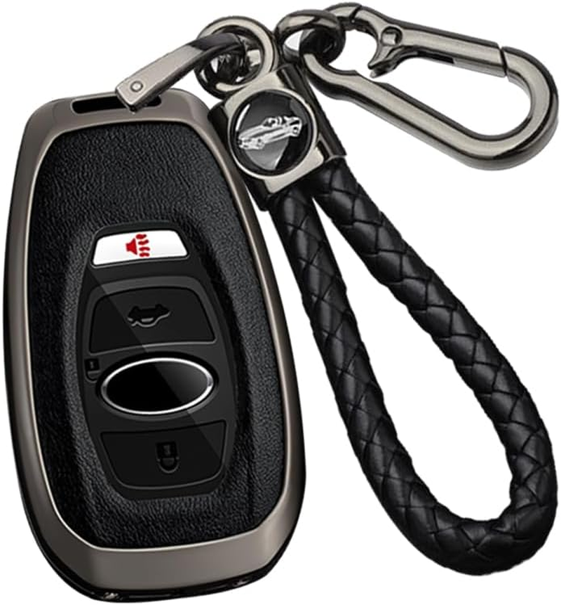 Ontto Alloy Car Key Fob Cover Fit for Subaru Forester Crosstrek Outback WRX Ascent BRZ Impreza Legacy Leather Smart Key Case Shell Key Holder Bag Keyring Keychain Protector Accessories Silver-Brown