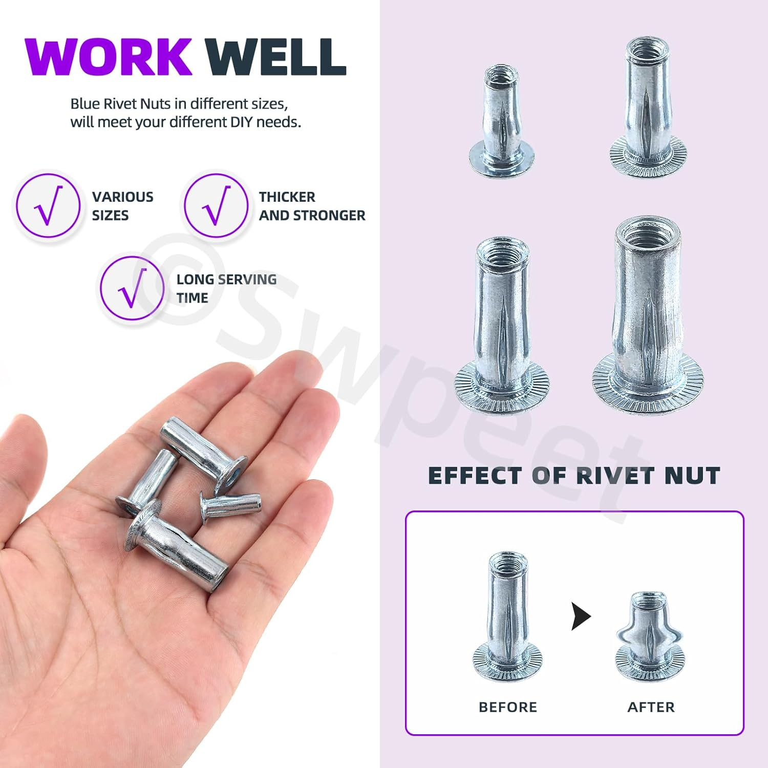 Swpeet 20Pcs M4 Metric Carbon Steel White Zinc-Plated Multi-Grip Rivet Nuts plus Nuts Rivnuts Kit, Bulbed Shank Flat Head Threaded Insert Nut Construction Fasteners for Industrial image number 2