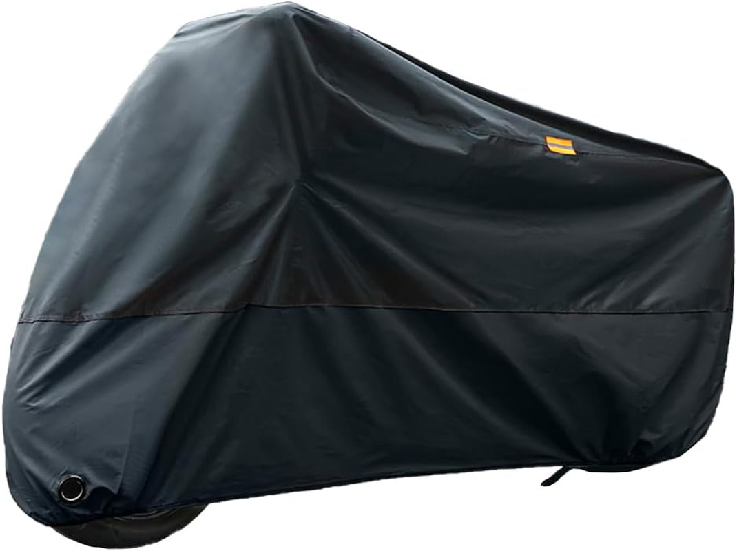Motorcycle Cover, Waterproof,，With Reflective Strip，Compatible with All Motorcycle(Lockholes&Windproof Strap) (Black, L[Suitable for 2-2.2 Meter Long Vehicle Models])