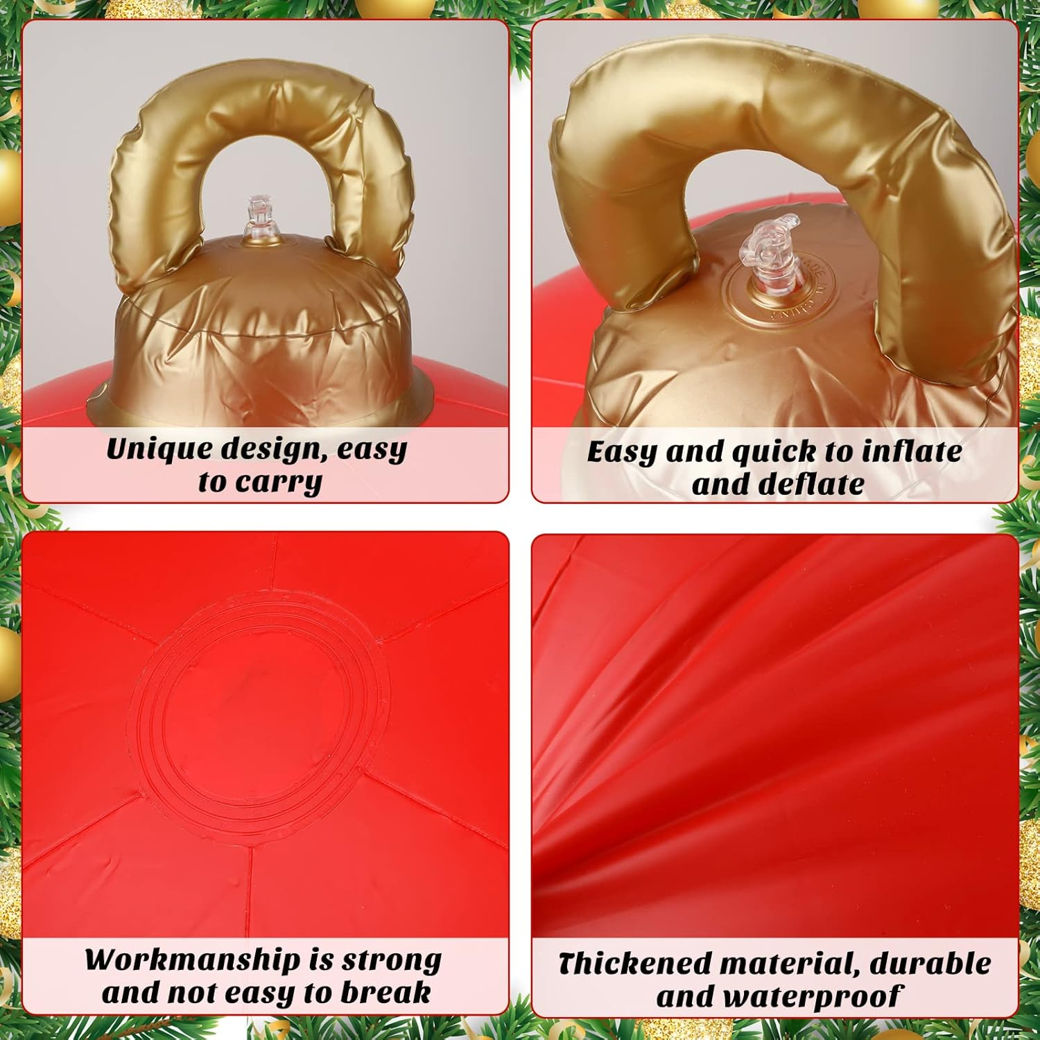 2 Pieces 32 Inch Giant PVC Inflatable Christmas Decorated Ball Ornaments Outdoor Large Xmas Blow Ball Decorations for Christmas Themed Party Ornaments(Solid,Red) image number 6