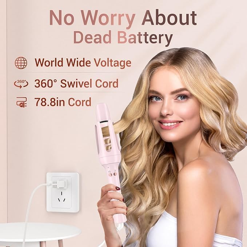 Automatic Curling Iron Hair Curler, Replaceable Curling Wand with 2 Sizes Barrel (1", 1.25") & 3 Temps, Hair Waver with Anti-Tangle & Auto-Off, Double Voltage Rotating Curling Iron for Long Hair-Rose image number 2