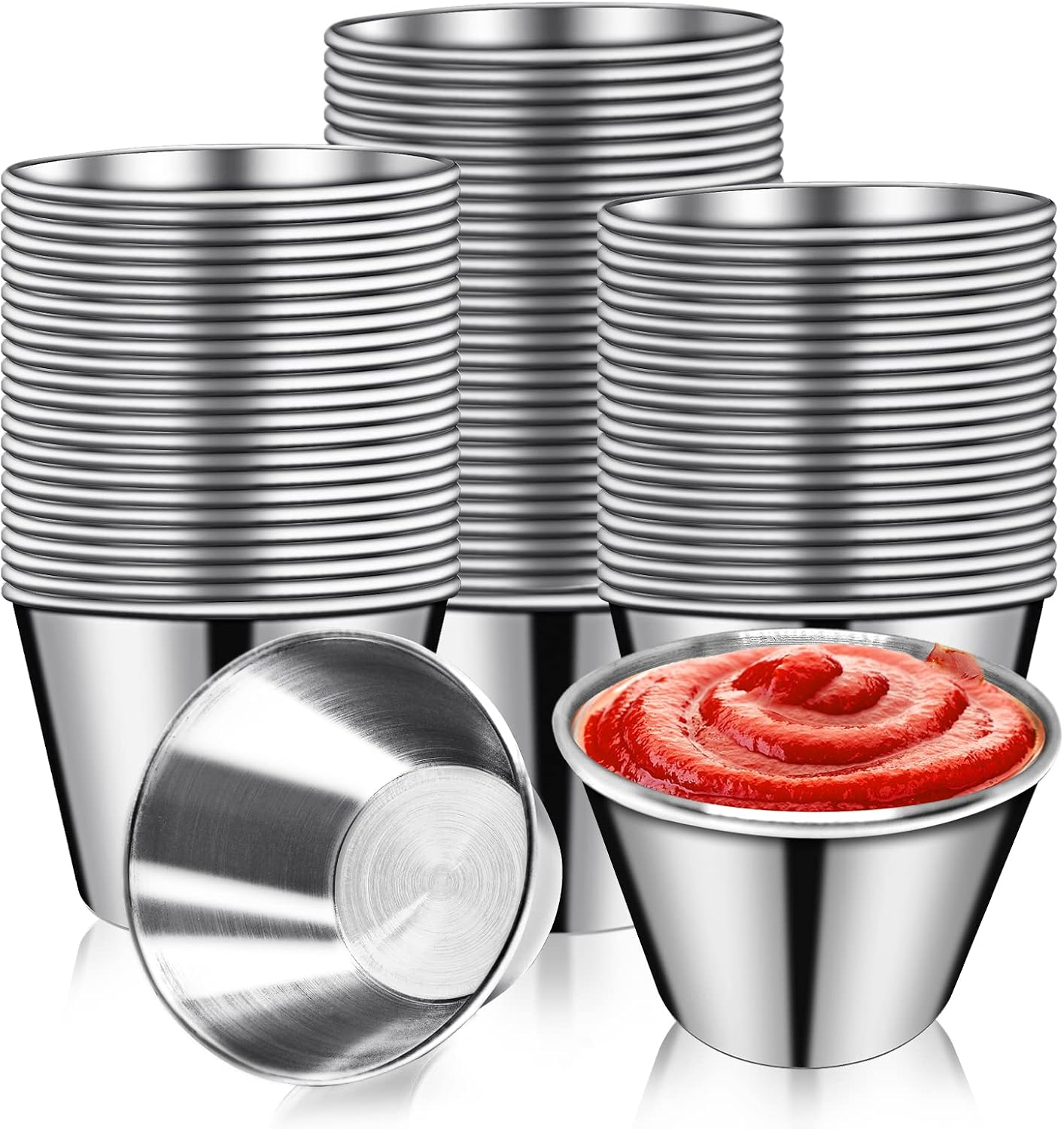 DJZZ 50 Pcs Metal Sauce Cups 2.5Oz Ramekins, Stainless Steel Dipping Containers, Reusable round Butter Dressing Bowls for Restaurants