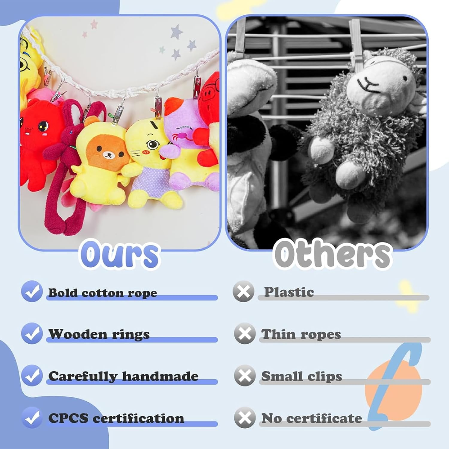 80 Inches Cotton Hanging Storage Chain for Stuffed Animals & Plush Toys, Space Saving Toy Organizer with 20 Metal Clips, Kids Room Decor image number 4