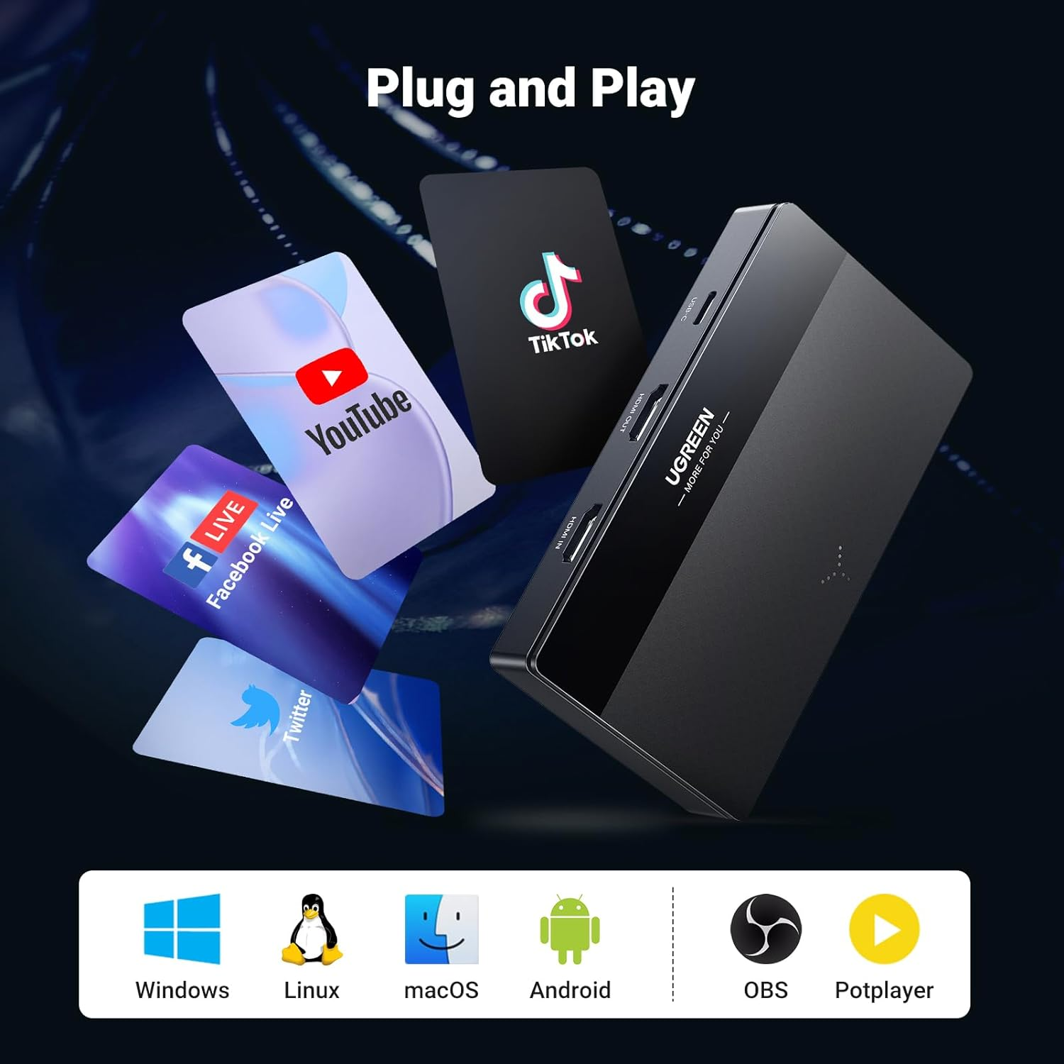 UGREEN 4K Video Capture Card HDMI to USB C 3.0 1080P 60Fps Recording 4K Passthrough 3.5Mm Audio Headphone Microphone Compatible with Switch PS5/4 Xbox TV Stick Laptop PC and Mac image number 5