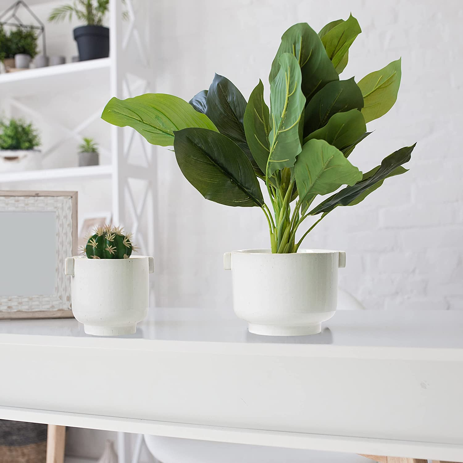 Olly & Rose Cotswolds Ceramic Plant Pot Set with Handles - Indoor & Outdoor Planters - Aged White Gloss Finish