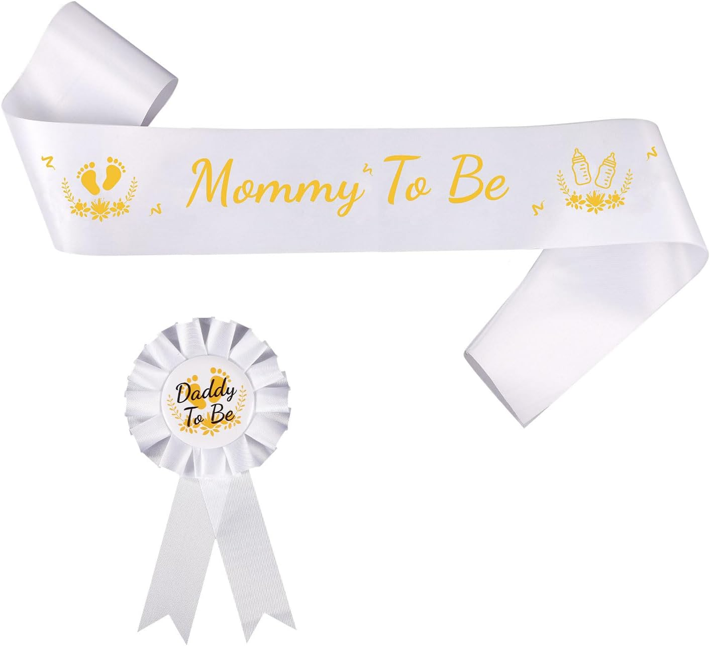 Mommy to Be Sash, with Daddy to Be Badge Gold & White Mom to Be Sash Set Pregnancy Sash Gender Reveals Gift Baby Shower Decorations for Boys Girls