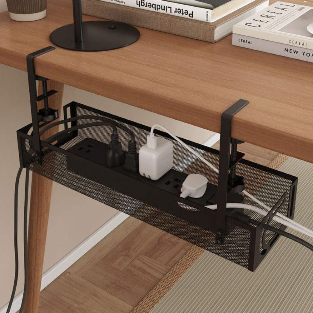 Under Desk Cable Management Tray Black, 15.7" Clamp-On Wire Organiser Box for Sitting or Standing Desk, Office, Home - No Damage, No Drill 40Cm