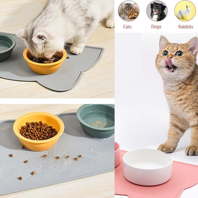 2 Pcs Cat Food Mat,Silicone Cat Feeding Mat,Pet Placemat Silicone Pet Food Mat for Floor,Waterproof Non Slip Pet Feeding Mat, Raised Edge Cat Bowl Mat to Stop Food Spills,Easy Clean,Cat Pattern image number 1