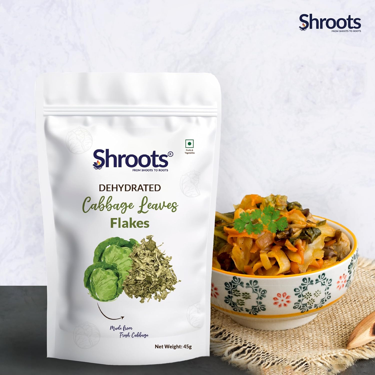 SHROOTS Dehydrated Cabbage Leaves Flakes Pure Vegetarian Gluten-Free No Added Salt Easy Cooking Essential Machine Dried Vegetable with Natural Aroma Ideal for Salad & Everyday Meals 1.59 Oz, Pack of 1 image number 1