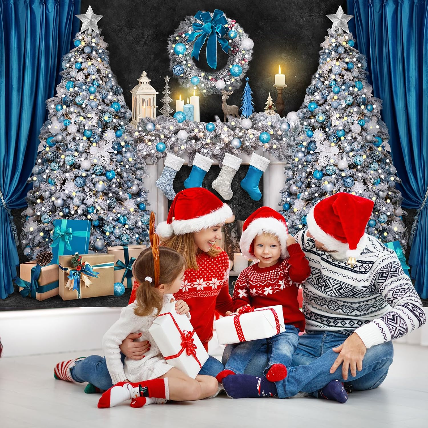 Avezano 10X7Ft Christmas Fireplace Backdrop Blue Christmas Tree Background for Photography Vintage Xmas Night Photobooth Party Decoration image number 1