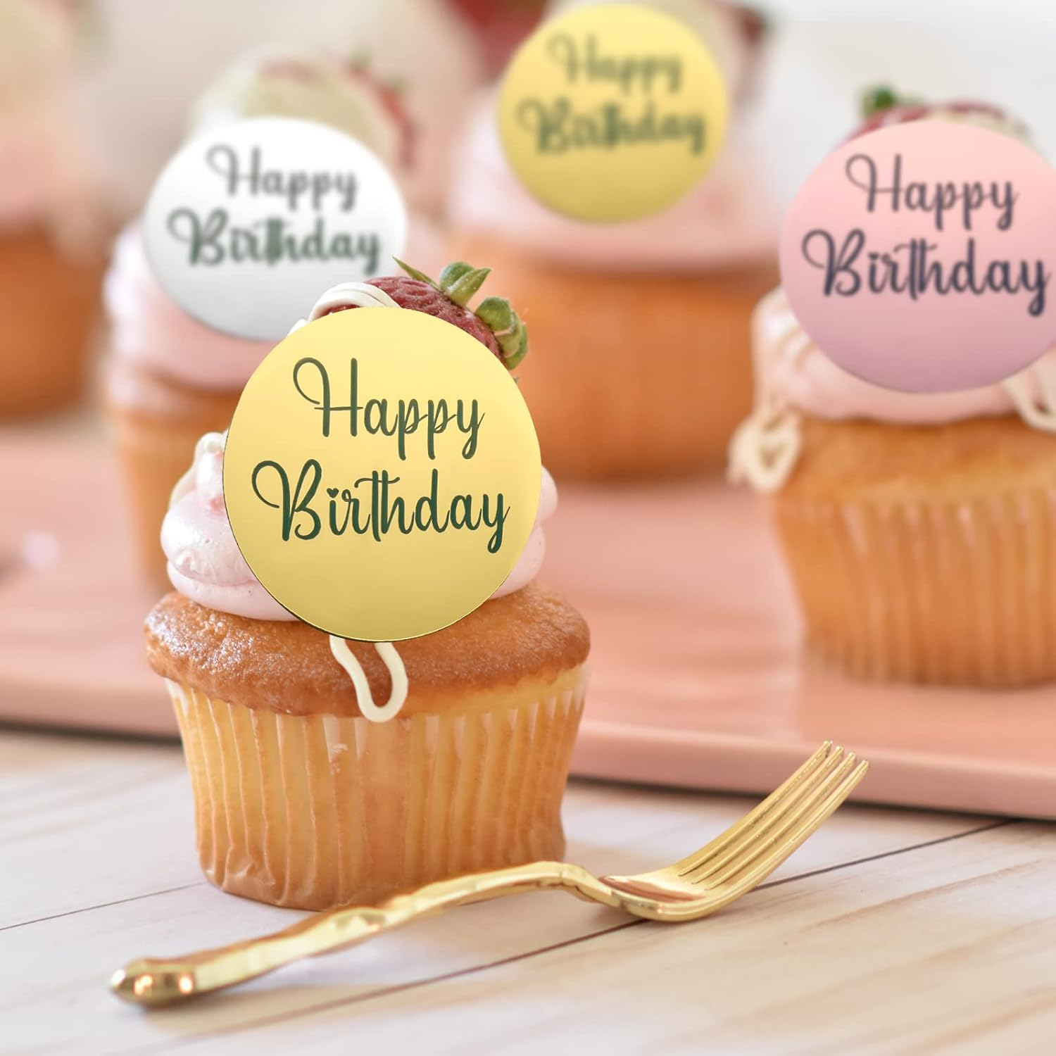 AIEX 33 Pieces Happy Birthday Decorations, Happy Birthday Topper Acrylic Mirror Decoration for Cupcakes Happy Birthday Topper Cake Birthday (Gold, Silver and Rose Gold, Round) image number 3