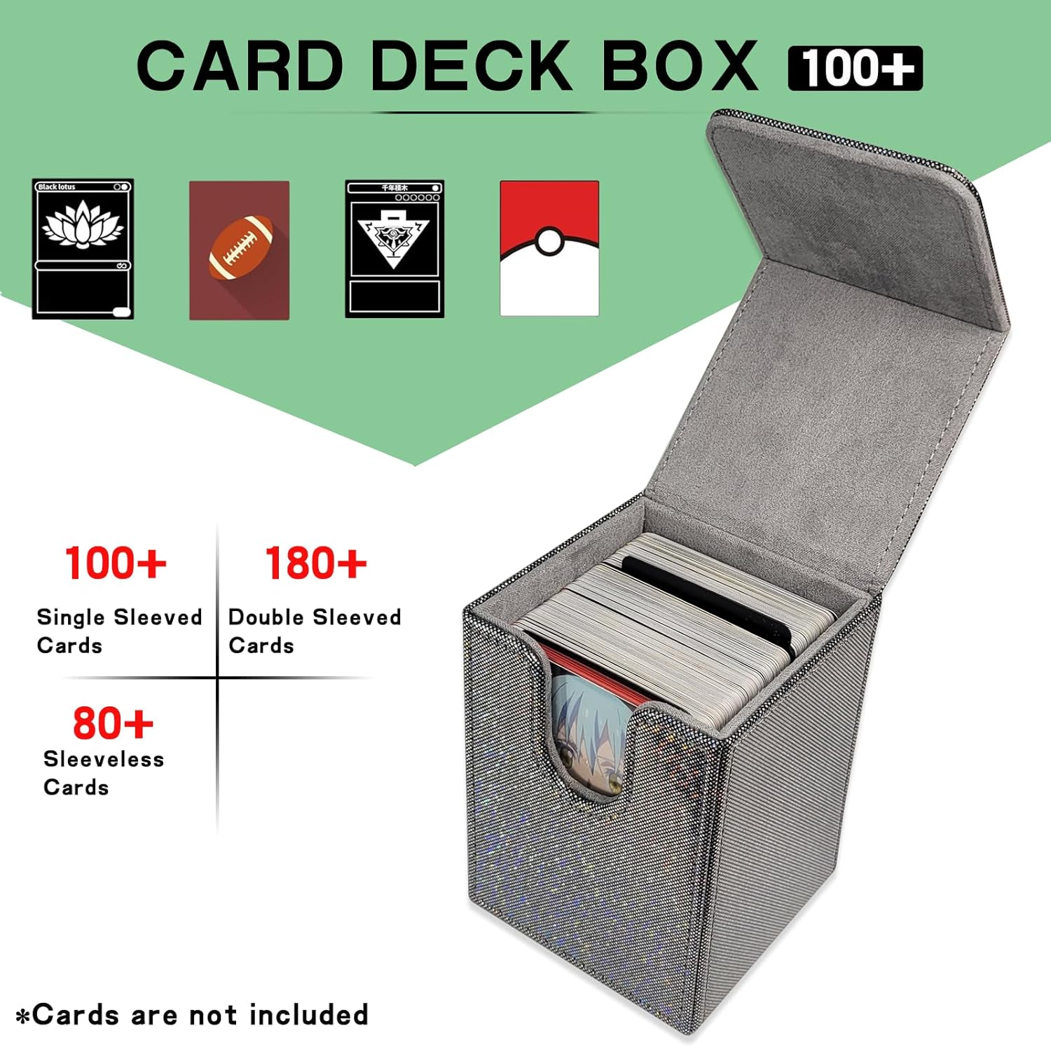 Dmoicols Sparkly Card Deck Box Holds 100+ Single Sleeved Cards,Leather Card Storage Case,Mtg Commander Deck Box with 2 Dividers Fit TCG CCG Magic Cards Vertical(Sparkly Black Point) image number 3