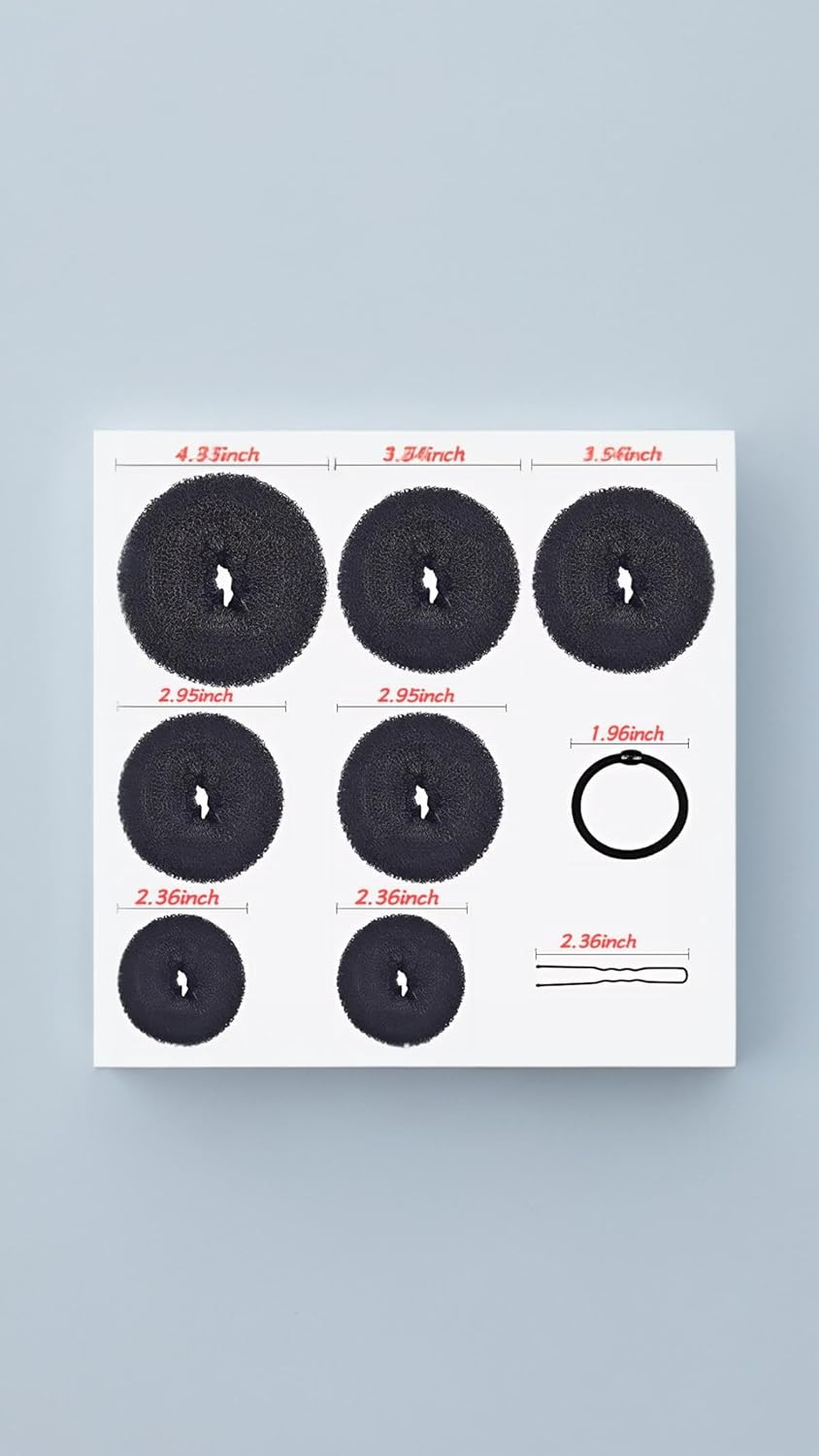 Honwor Donut Bun Maker Set - 7 Pieces Incl.5 Elastic Bands & 20 Hair Pins - Stylish & Easy-To-Use for Creating Elegant Hair Ring Buns - Black