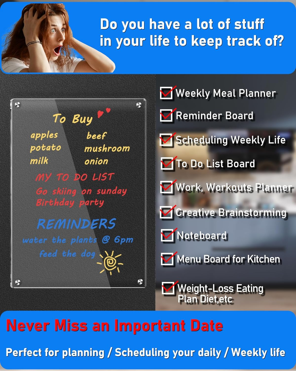 Clear Acrylic Magnetic Dry Erase Board for Fridge,12"X8" Magnetic Whiteboard for Fridge, Magnet Weekly Planner Calendar for Refrigerator Includes 6 Colors Markers image number 2