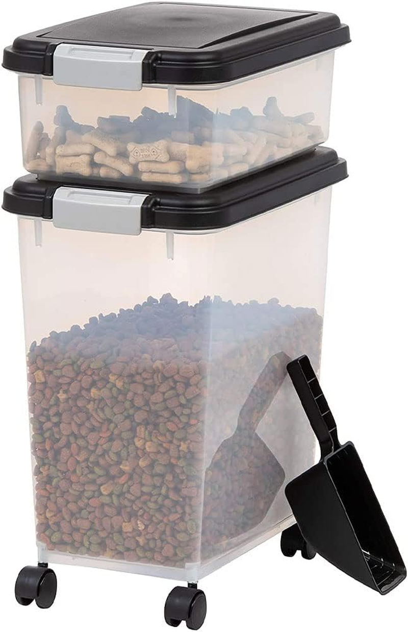Pet Food Storage Container with Scoop, Flip-Up Lid Airtight Container Transparent Cat Food Storage with Four Wheels for Dog & Cat Food Air Tight Food Container