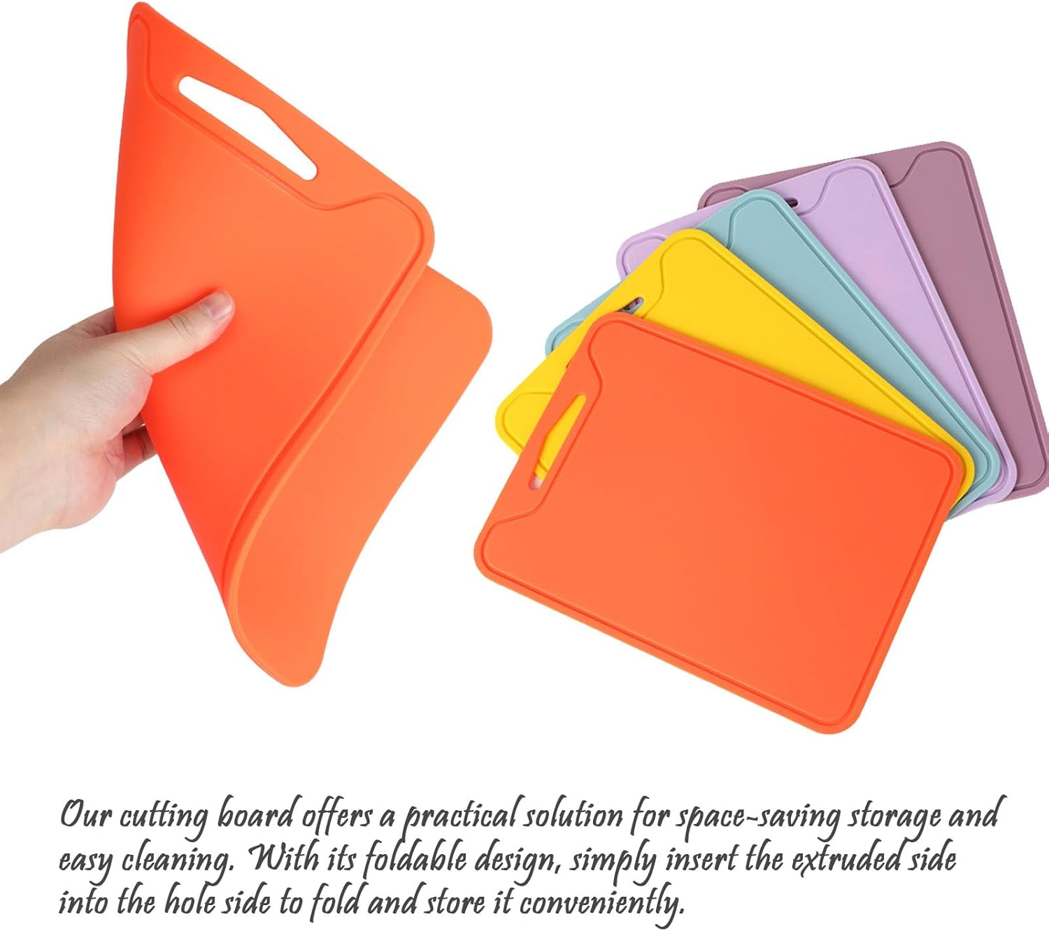 Thick Silicone Cutting Board, Dual-Sided, Non-Slip, Juice Groove, Foldable, 11.65In * 8.58In, Yellow, Orange, Lavender, Purple, Blue image number 6