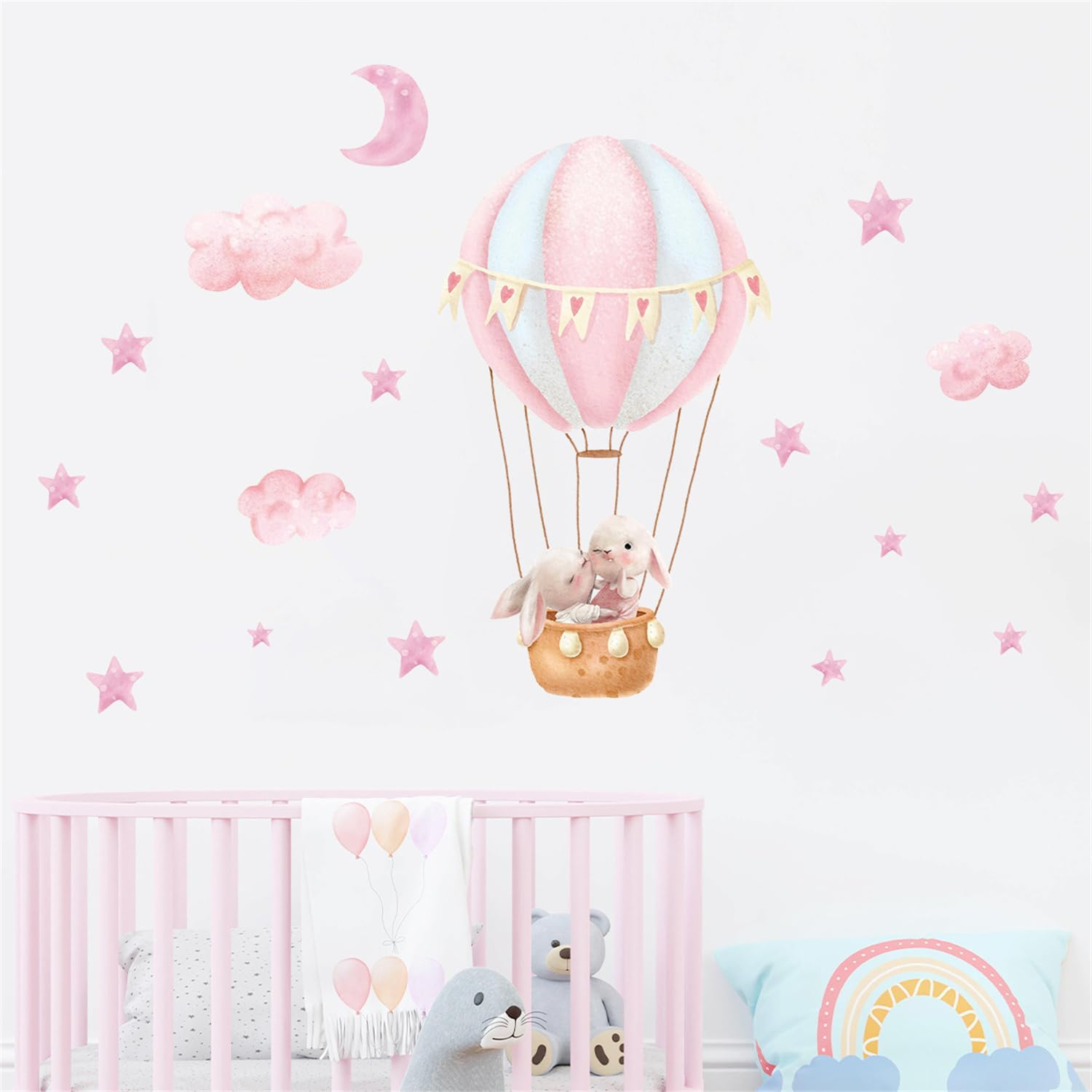 Pink Cloud Hot Air Balloon Rabbit Wall Decal Cute Bunny Moon and Stars Wall Stickers Baby Girls Room Nursery Decor image number 5