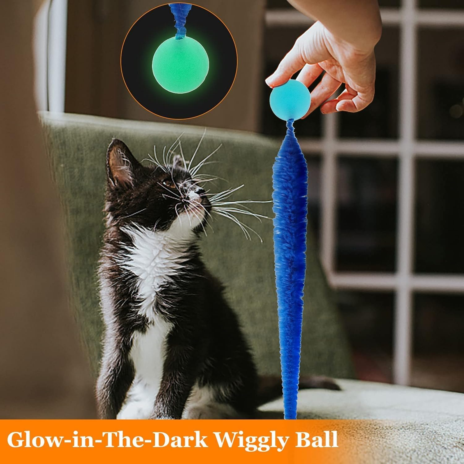 Bouncy Glow Ball with Tail for Cat 5 Packs,Large Magic Worm with Fluorescent Ball for Cats,Colorful Fuzzy Worm Bouncy Glow Balls Cat image number 4