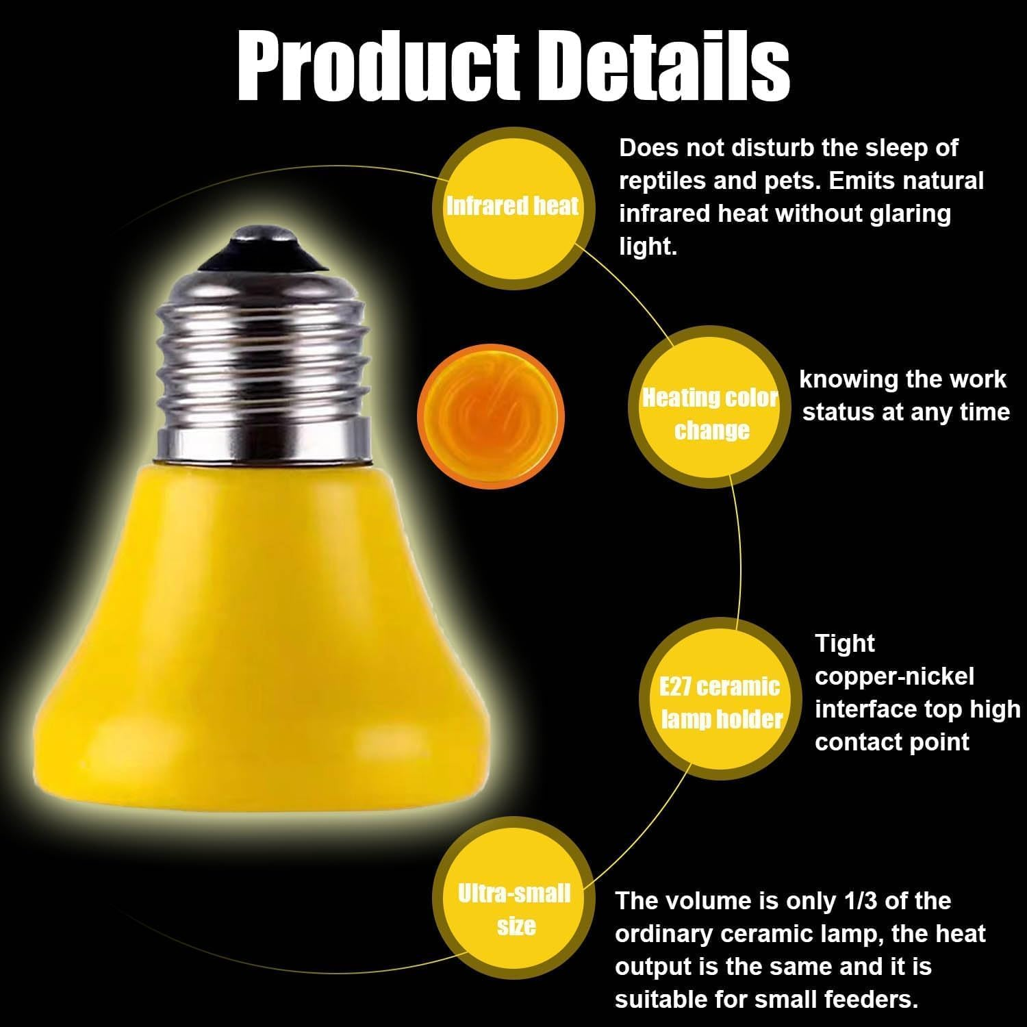 3 PCS Pet Ceramic Heat Lamp, Infrared Bulb Emitter Lamp, 25W 50W 75W, Reptile Heating Lamp Bulb, E27 Interface, Heating Color Change, Fit for Pet Brooder Coop Chicken Reptiles Amphibian (Yellow) image number 2