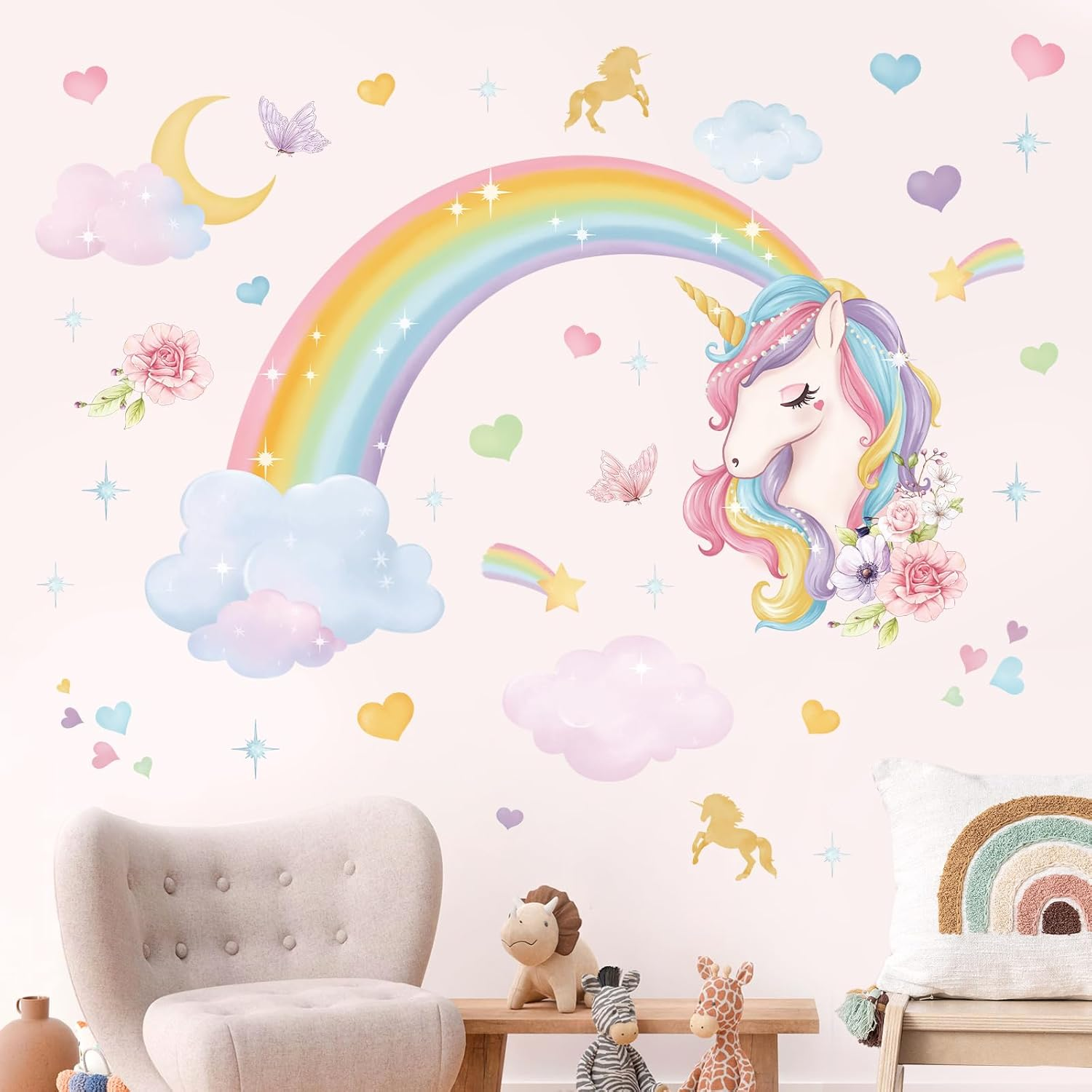 Wondever Rainbow Wall Stickers Unicorn Clouds Peel and Stick Wall Art Decals for Girls Bedroom Kids Room Baby Nursery image number 1