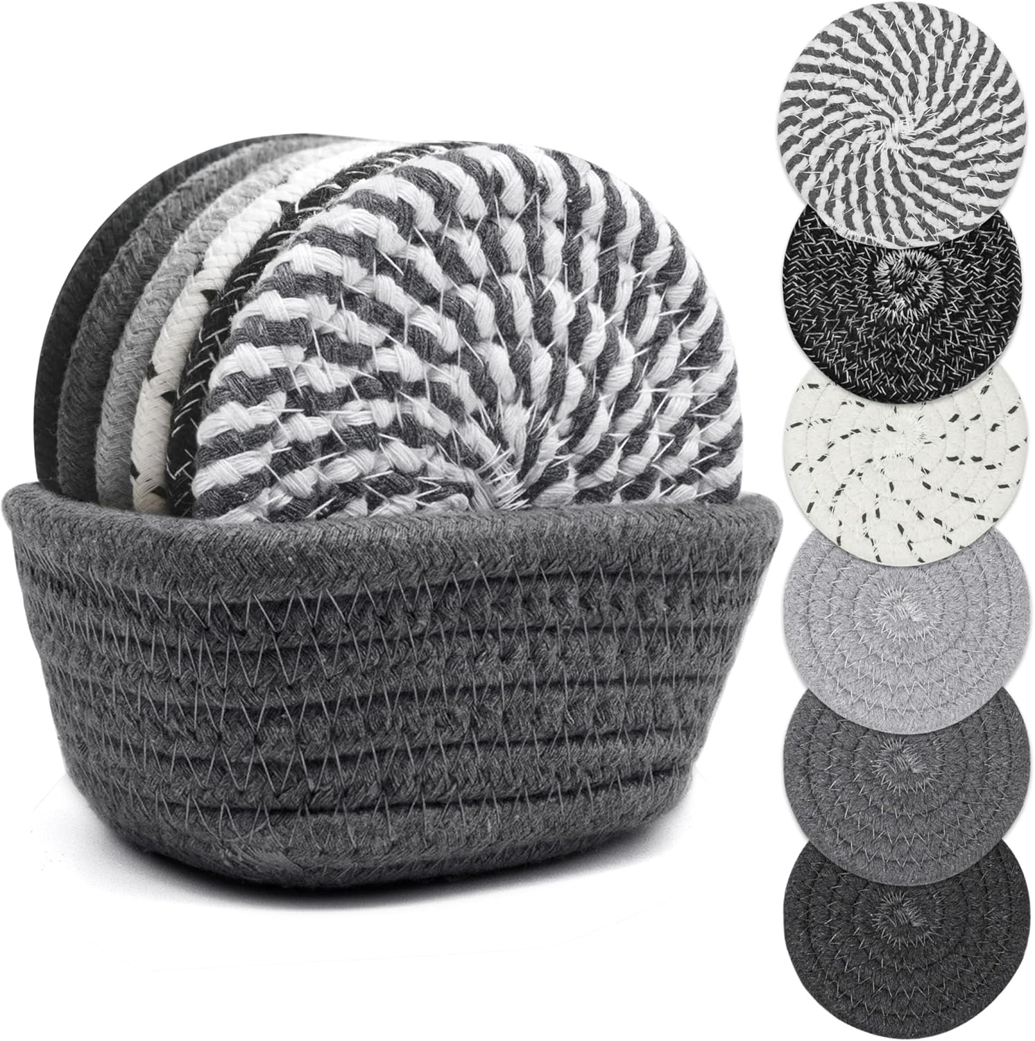 Drink Coasters with Holder, Thick Woven Drinking Coasters for Kinds of Cups, Absorbent Coaster Sets for Tabletop Protection, Home Decor for Table, Coasters Set of 6