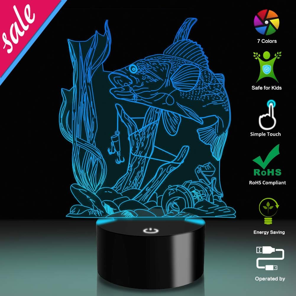 3D Fishing Lamp Illusion Night Light LED Touch Fish Desk Table Lamps 7 Color Change USB 3D Visual Lights Home Bedroom Decor Lighting Birthday Gifts Toys for Boys Kids Fishing Lover by YKL World