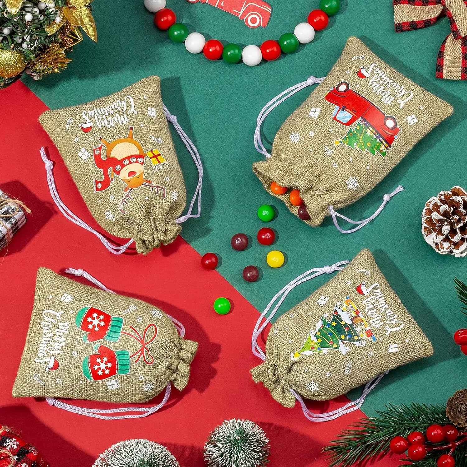 24 Pcs Christmas Jute Burlap Gift Bags with Drawstring, 12 Designs,4X5.5 Inches (10 X 14 Cm) Small Gift Jute Christmas Candy Bags for Christmas Parties and Other Holiday Occasions. image number 2