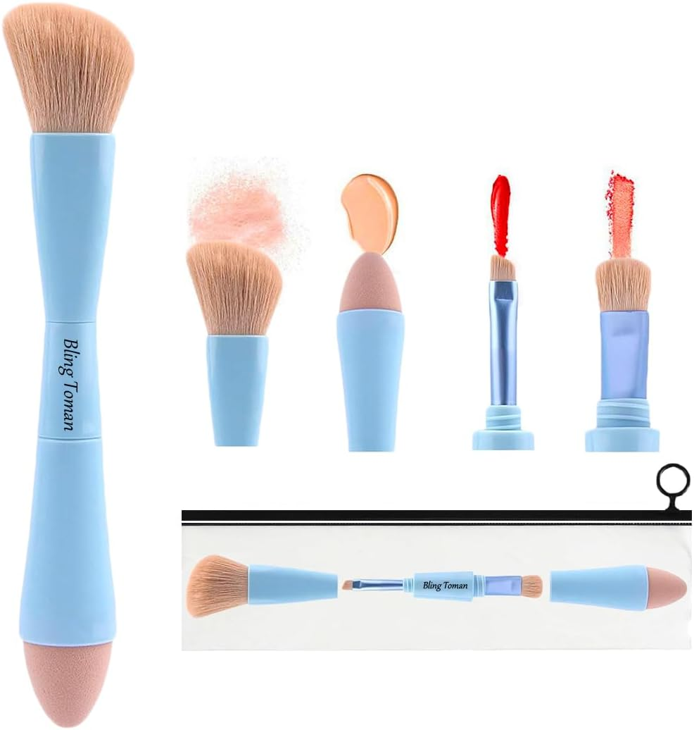 Bling Toman 4 in 1 Makeup Brush, Eyeshadow Eye Lip Face Concealing Blush Foundation Brush All in One Retractable Travel Size Makeup Brush Set (Rose Gold Brush)