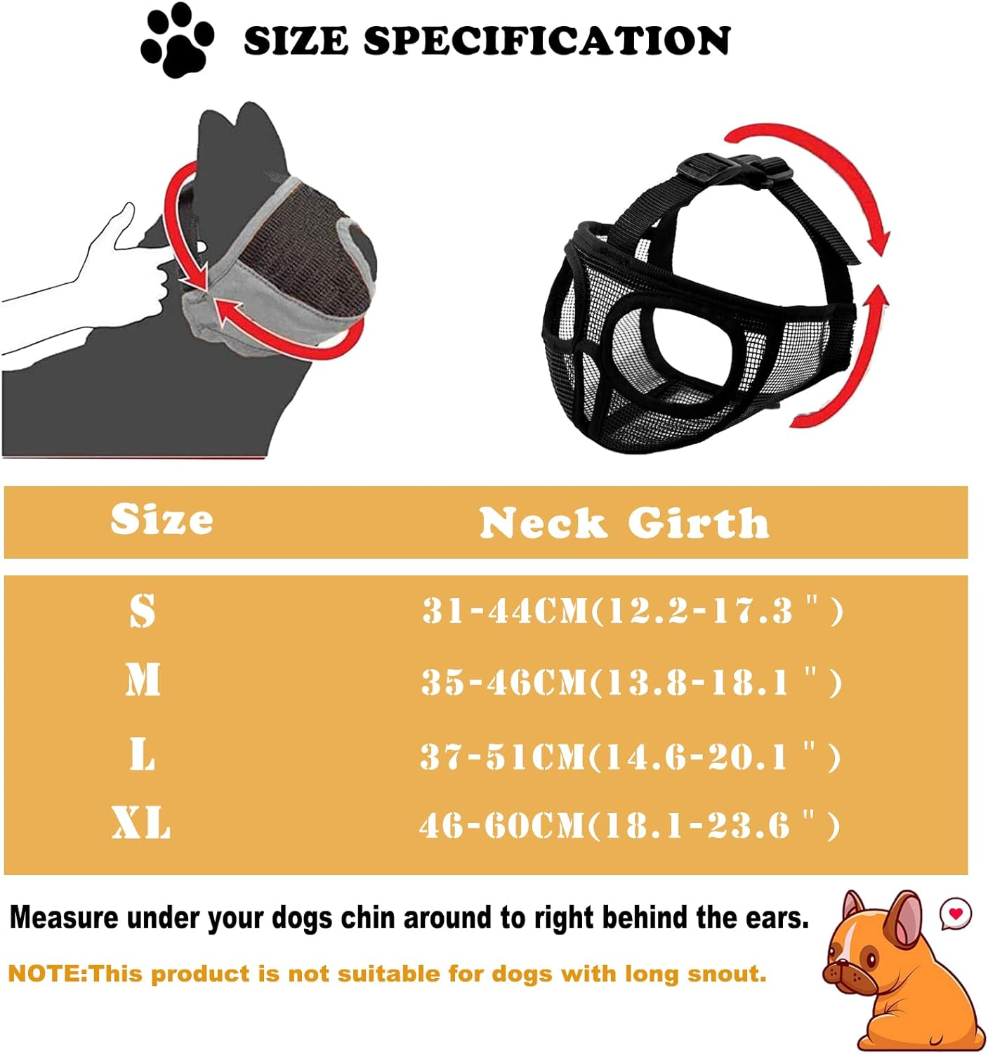 Ohcozzy Short Snout Dog Muzzle with Enlarged Eye Hole, Soft Mesh Bulldog Muzzle for Biting Chewing Licking Grooming(M,Black)