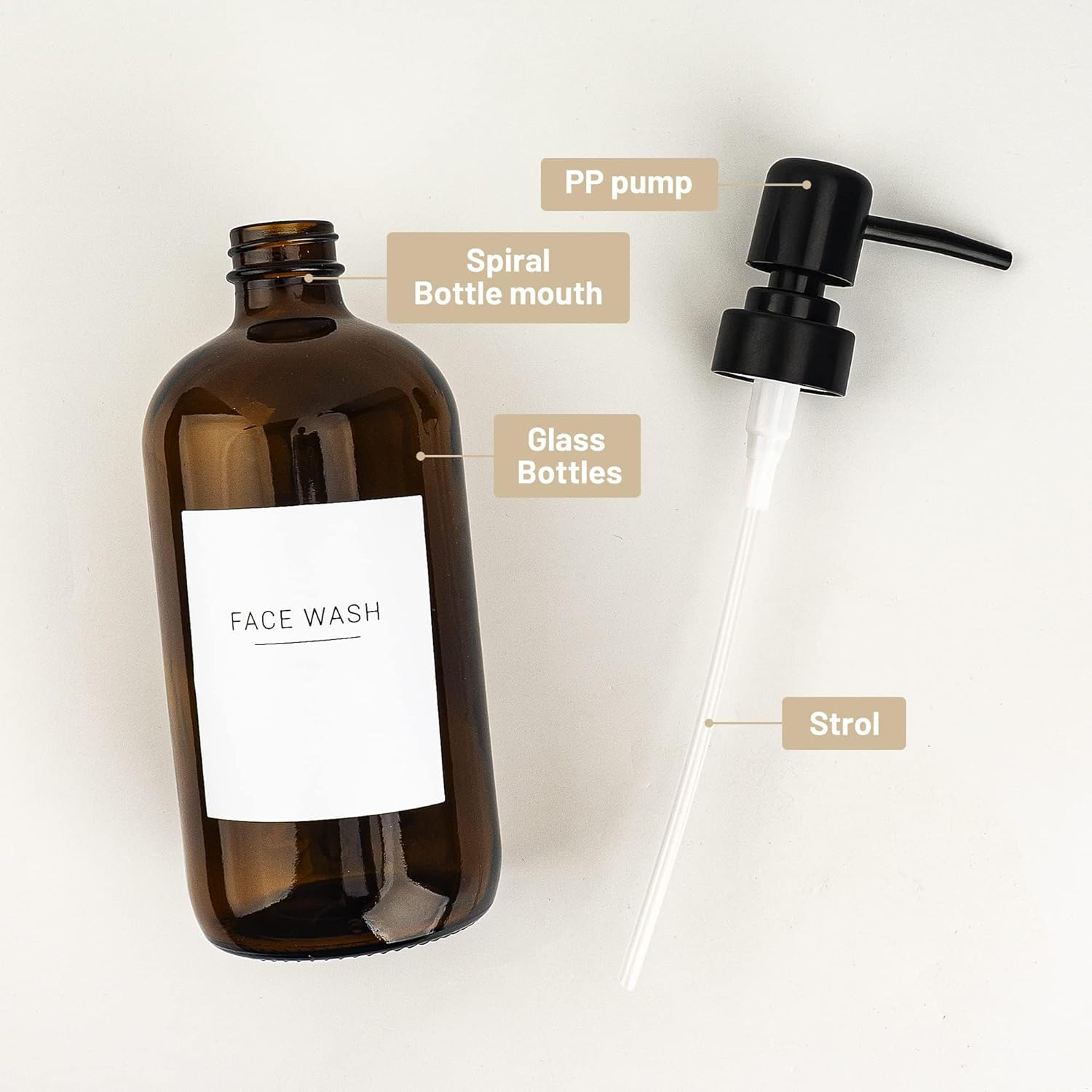 Set of 3 Amber Glass 16.9Oz Soap Dispensers with 22 White Labels Bathroom Liquid Bottle Container with Black Pump image number 5