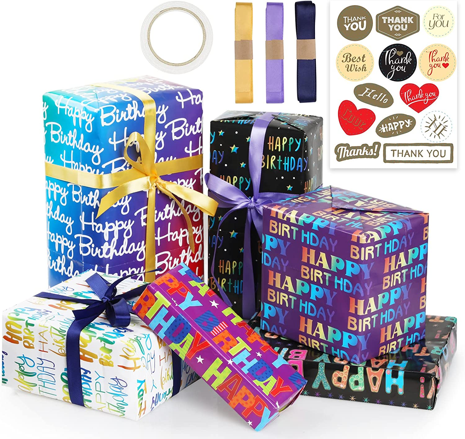 Bigqin 6PCS Kids Birthday Wrapping Paper Recycled 70 * 50Cm Happy Birthday Gift Wrapping Paper for Boys Girls Women Men Birthday Celebration, with Ribbons Stickers and Tape image number 3