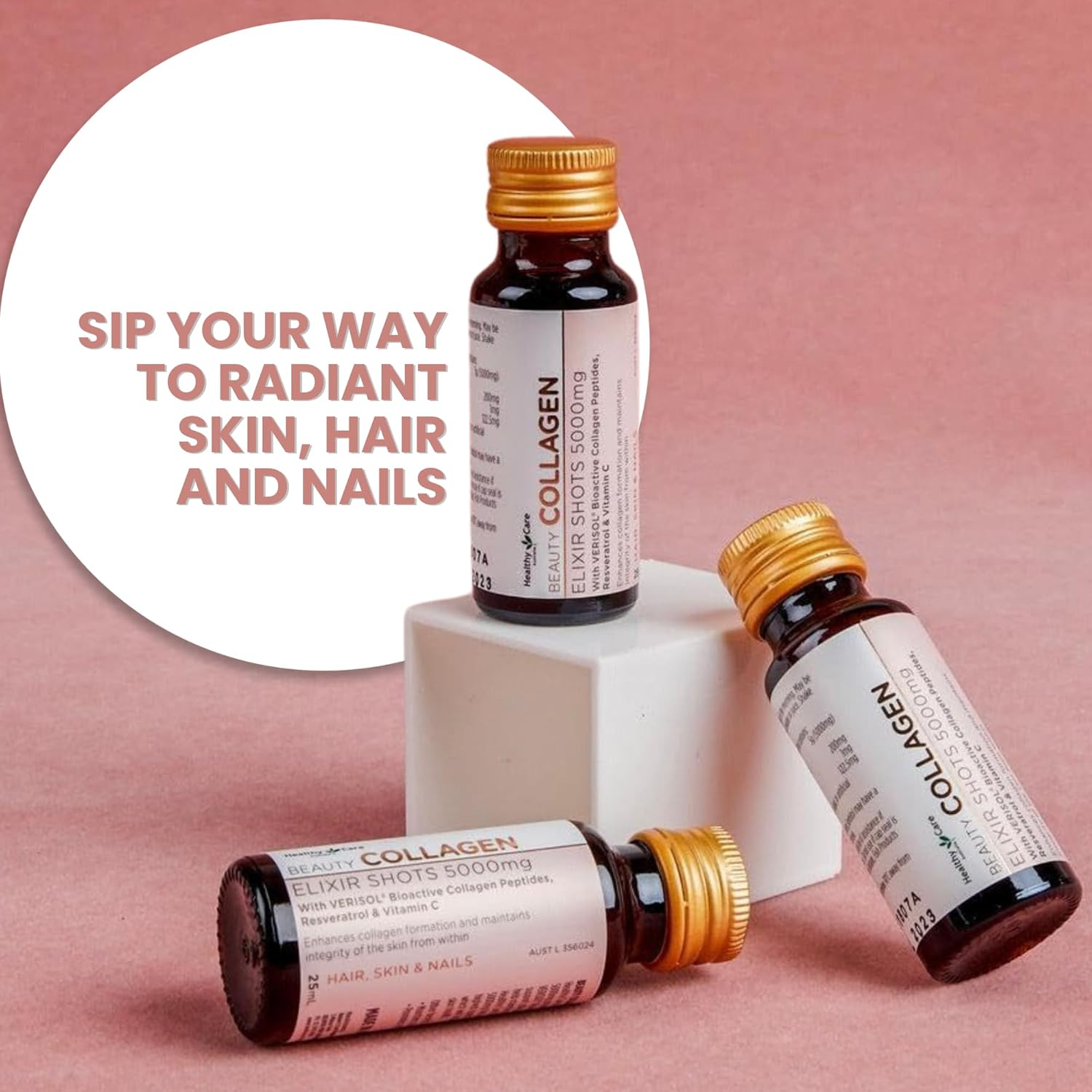 Healthy Care Beauty Collagen Elixir Shots - Enhances Skin Elasticity, Supports Hair and Nail Growth - Premium Dietary Supplement - Infused with Verisol Collagen, Resveratrol & Vitamin - 5000 Mg image number 3