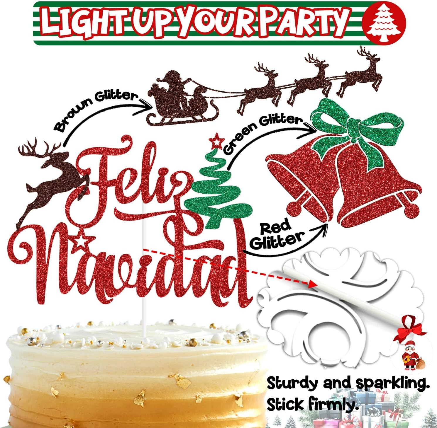 Red Glitter Feliz Navidad Cake Topper, Xmas Santa Christmas New Year Cake D&eacute;cor, Spanish Merry Christmas Themed Holiday Party Decorations Supplies image number 4