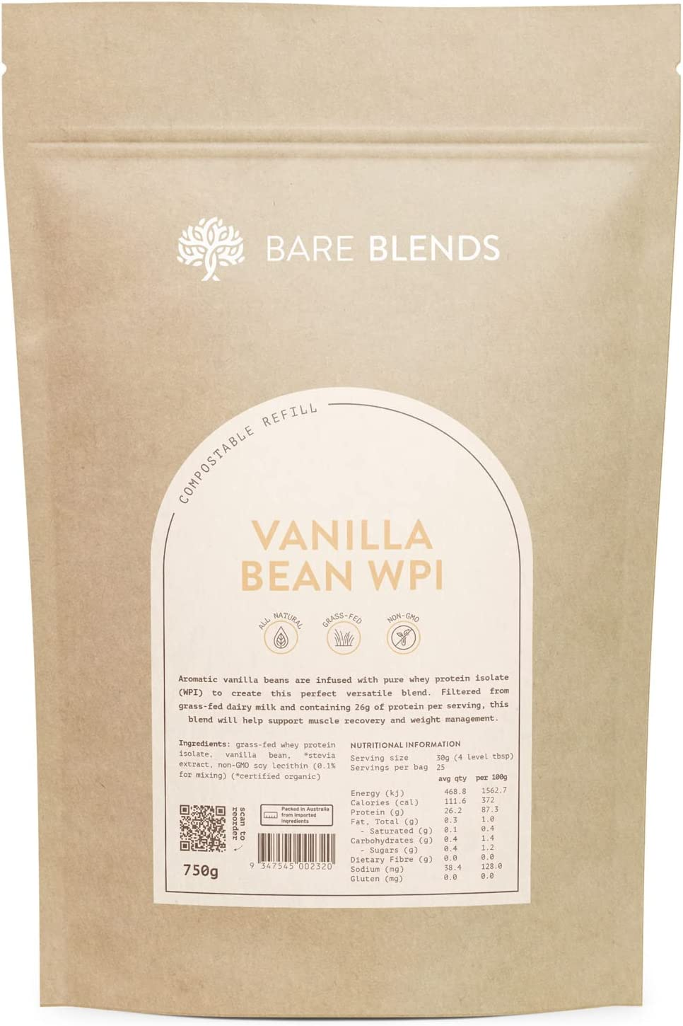 Bare Blends - Natural Whey Protein Isolate & Vanilla Bean | New Zealand WPI | Whey Protein Powder | Gluten Free | Non-Gmo | 750G