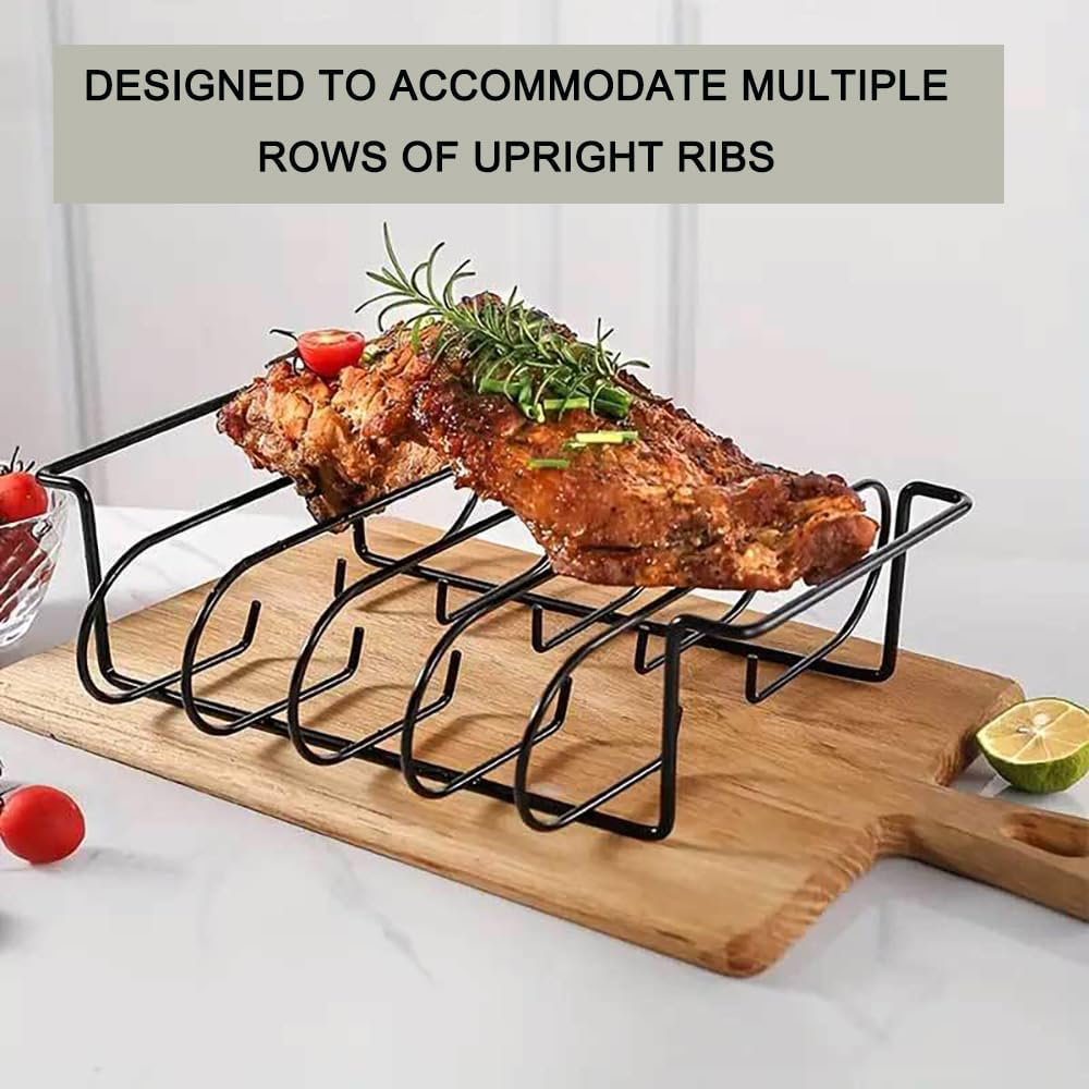 BBQ Rib Rack, Non-Stick Carbon Steel Roasting Stand for Smoking, Gas or Charcoal Grill Holds up to 5 Back Ribs Smoker Rack for Grilling and Barbecue (Black) image number 2