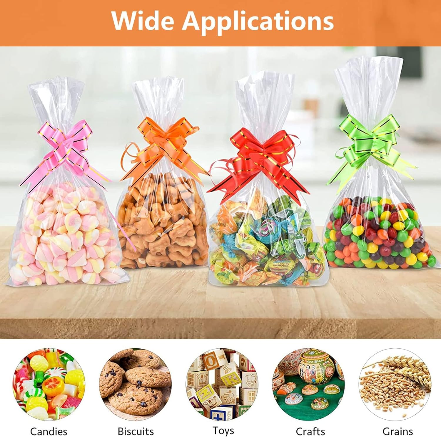 Transparent Cellophane Bag, 100 Pcs Cellophane Treat Bags with Twist Ties and Bows, Plastic Transparent Bags for Favor Candy Cookies (23Cm X 12.5Cm /9 * 4.9 Inches) image number 2