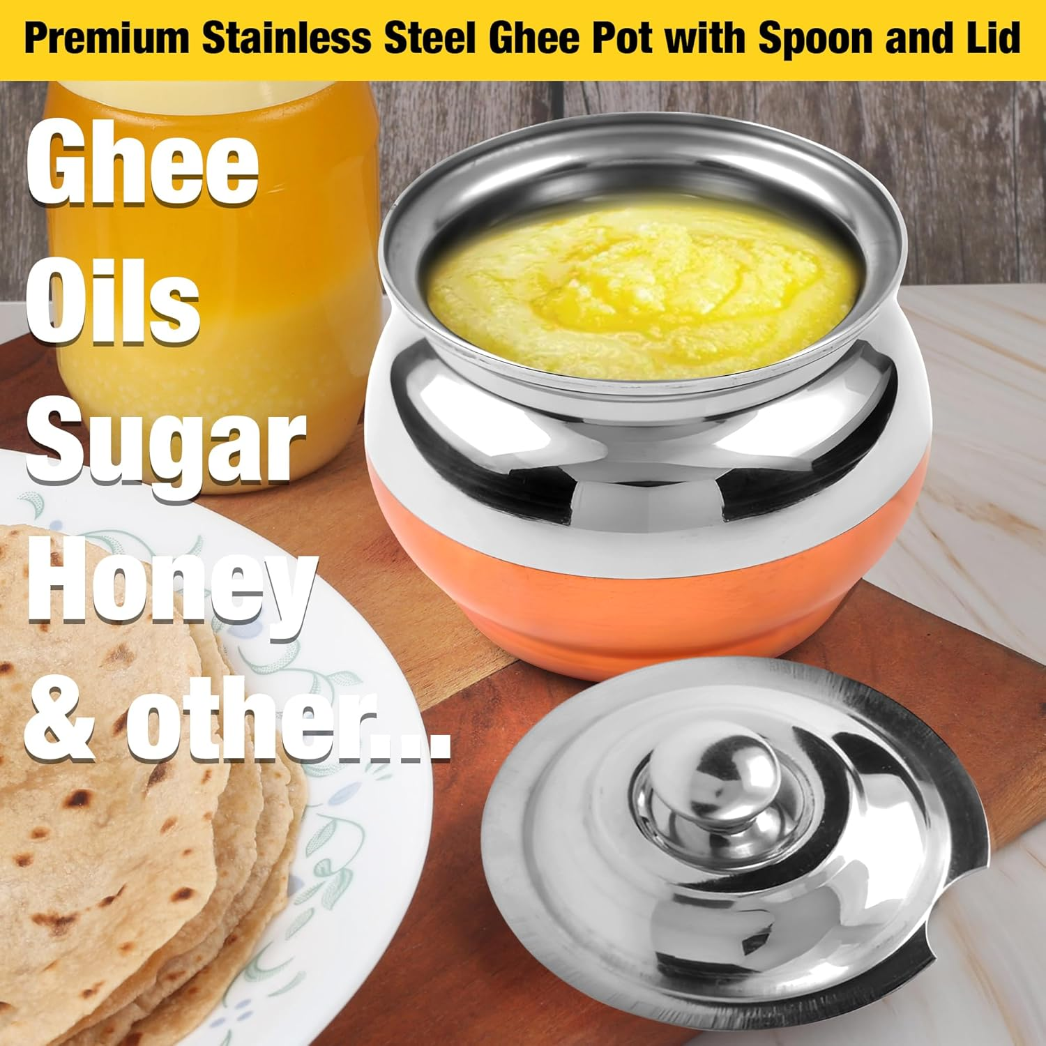 Copper Coated Stainless Steel Ghee Pot with Spoon | Ghee Container for Kitchen | Premium Oil Container with Lid for Pooja Items, 200 ML image number 6
